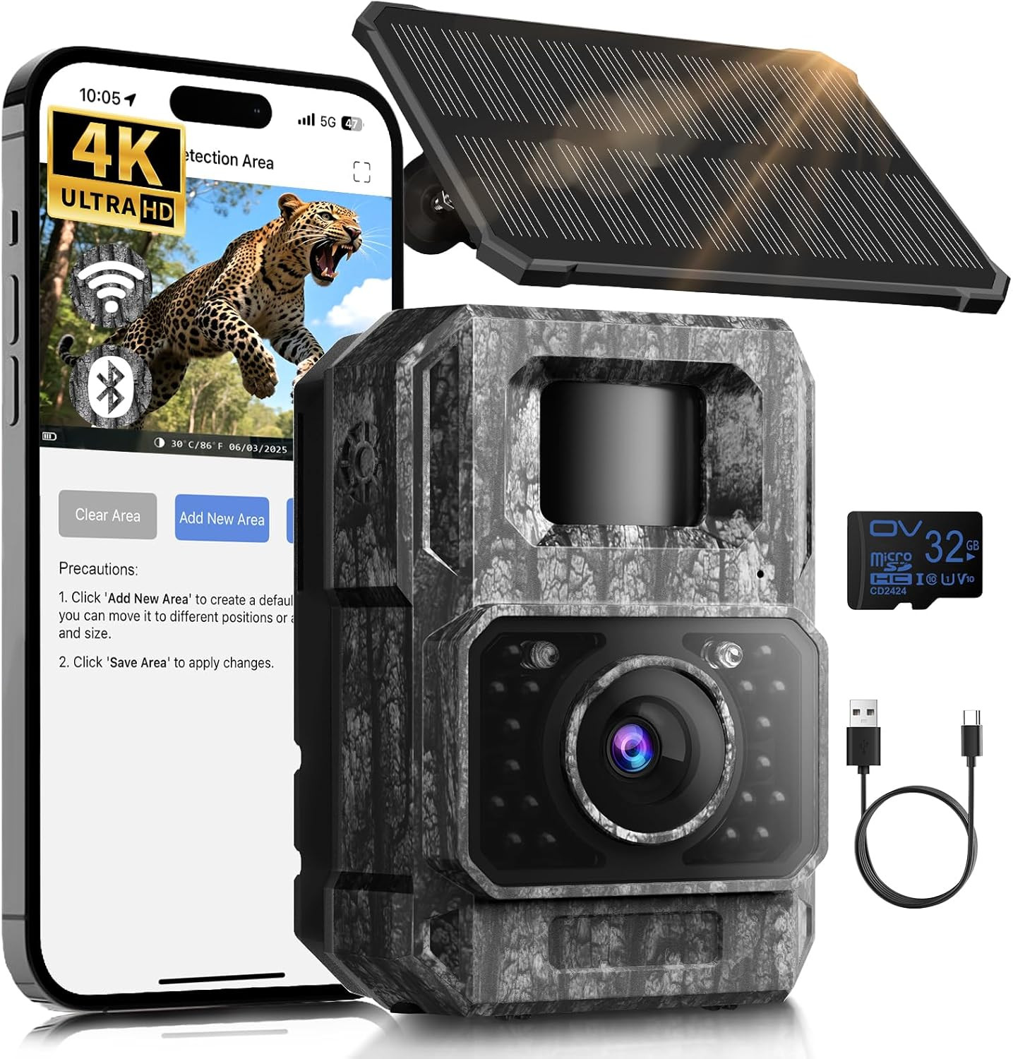 Solar Trail Camera Wifi Bluetooth - 4K 64MP Game Camera with 6000Mah Battery, Re