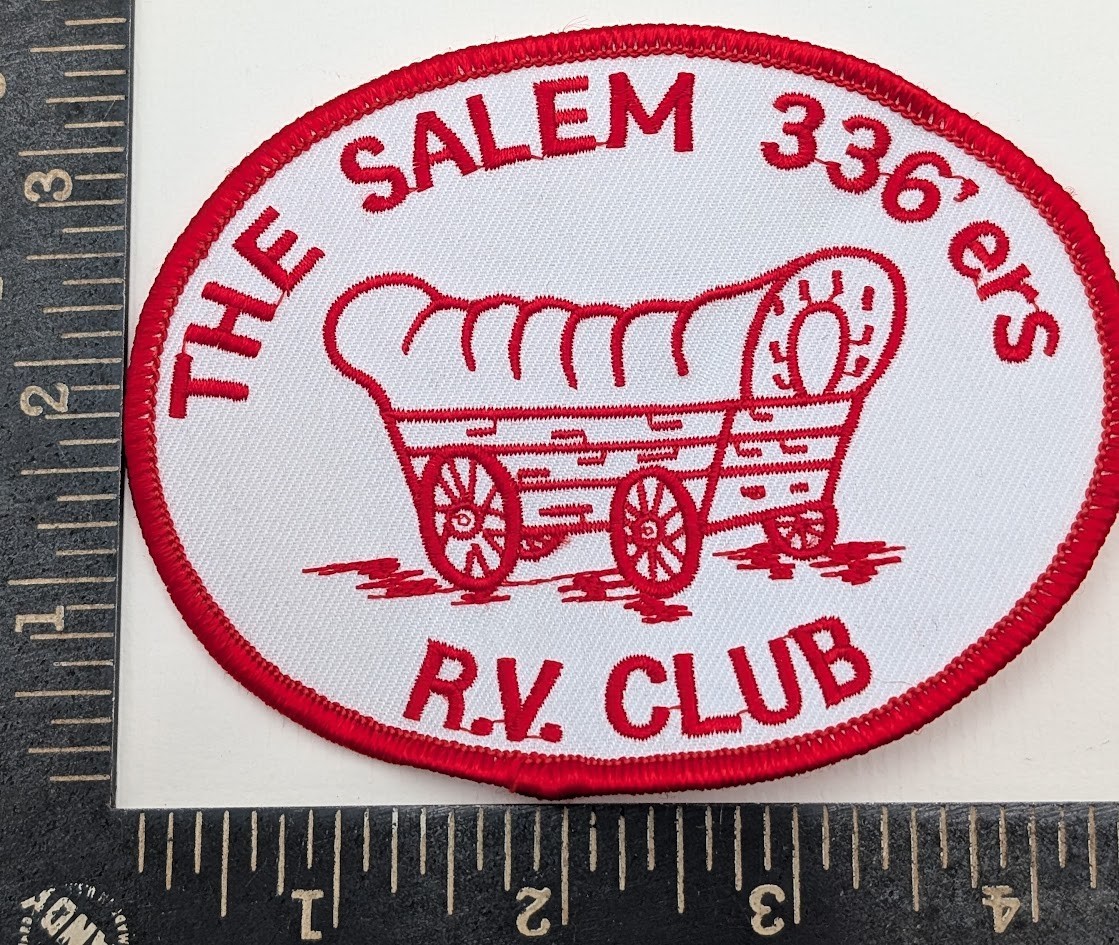 Vintage The Salem 336'ers RV Club Patch Red Covered Wagon Camper Group Badge