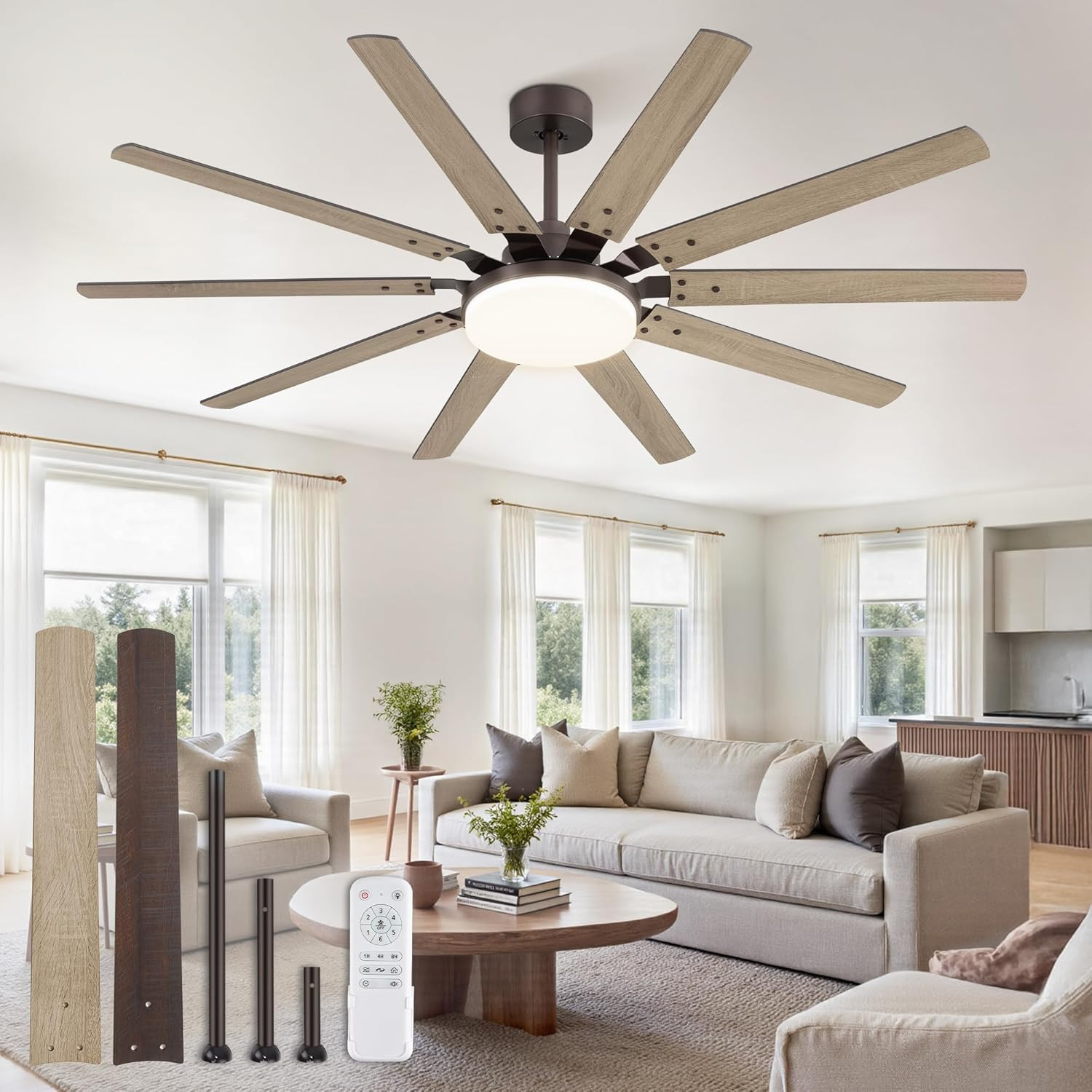 65" Oil Rubbed Bronze Ceiling Fan with Lights, Remote & 6 Speed DC Motor