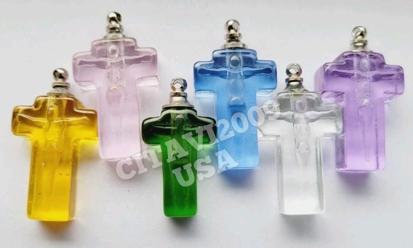 COLOR GLASS VIALS 6 Pcs. CROSS SHAPE VIALS PENDANTS CHARMS PERFUME MINI BOTTLES.