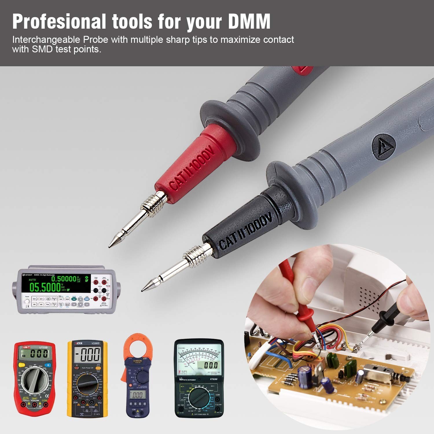 Durable Multimeter Lead Set with Threaded Clips - Compatible with Fluke