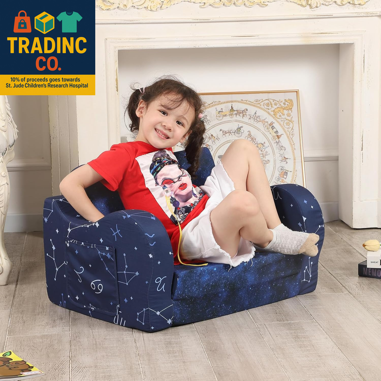 Kids Sofa, 2-In-1 Flip-Out Foam Couch, Foldable Soft Play Lounge Chair, Blue
