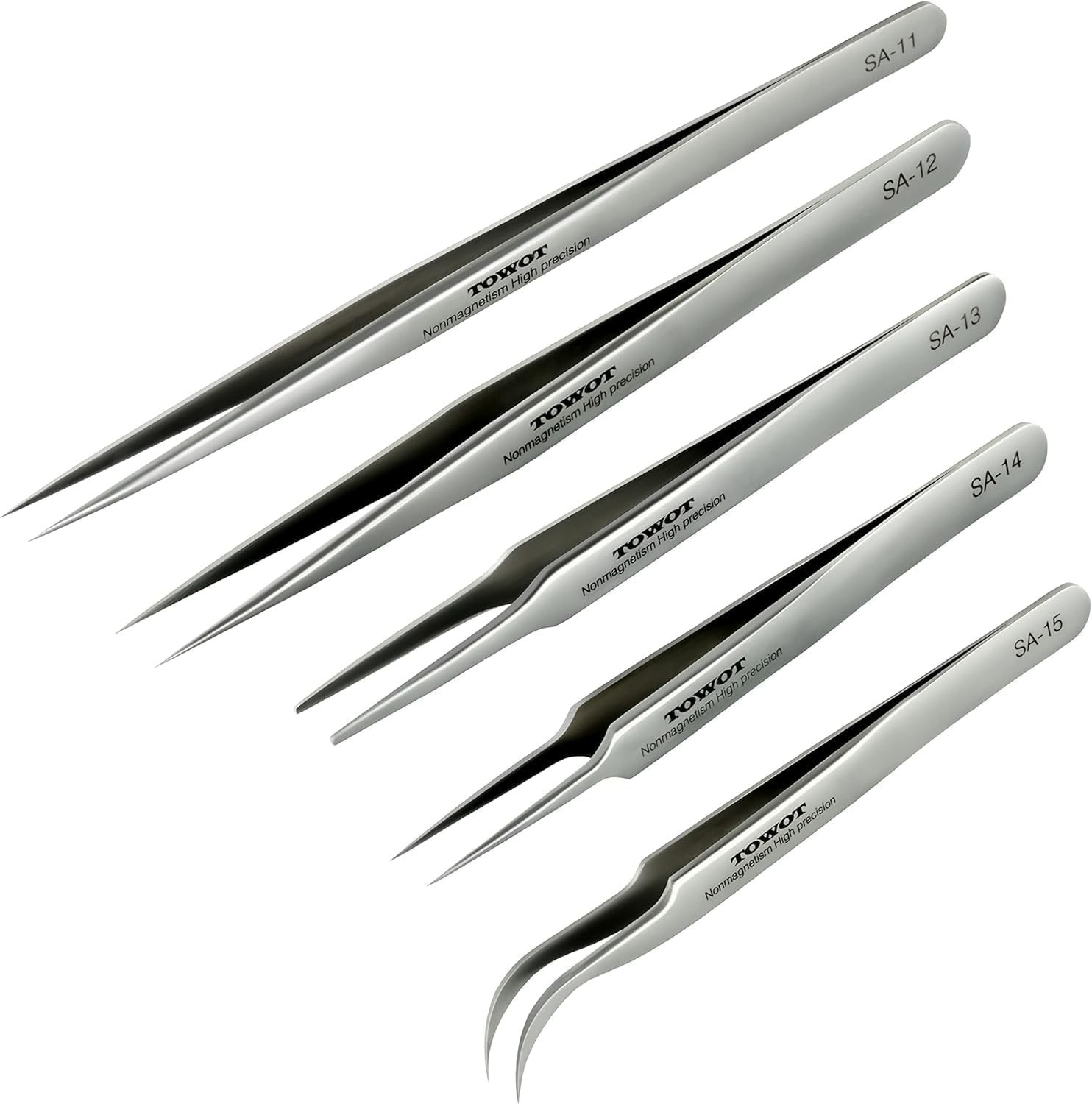Pinzas de precisión, 5 unidades, acero inoxidable, no magnéticas, resistentes al