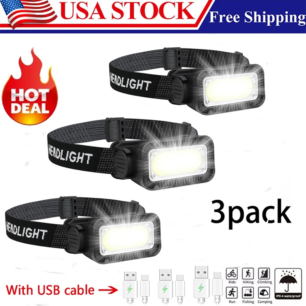 3pcs LED Headlight Lamp Torch CE Camping Induction Headlamp USB Built-in Battery