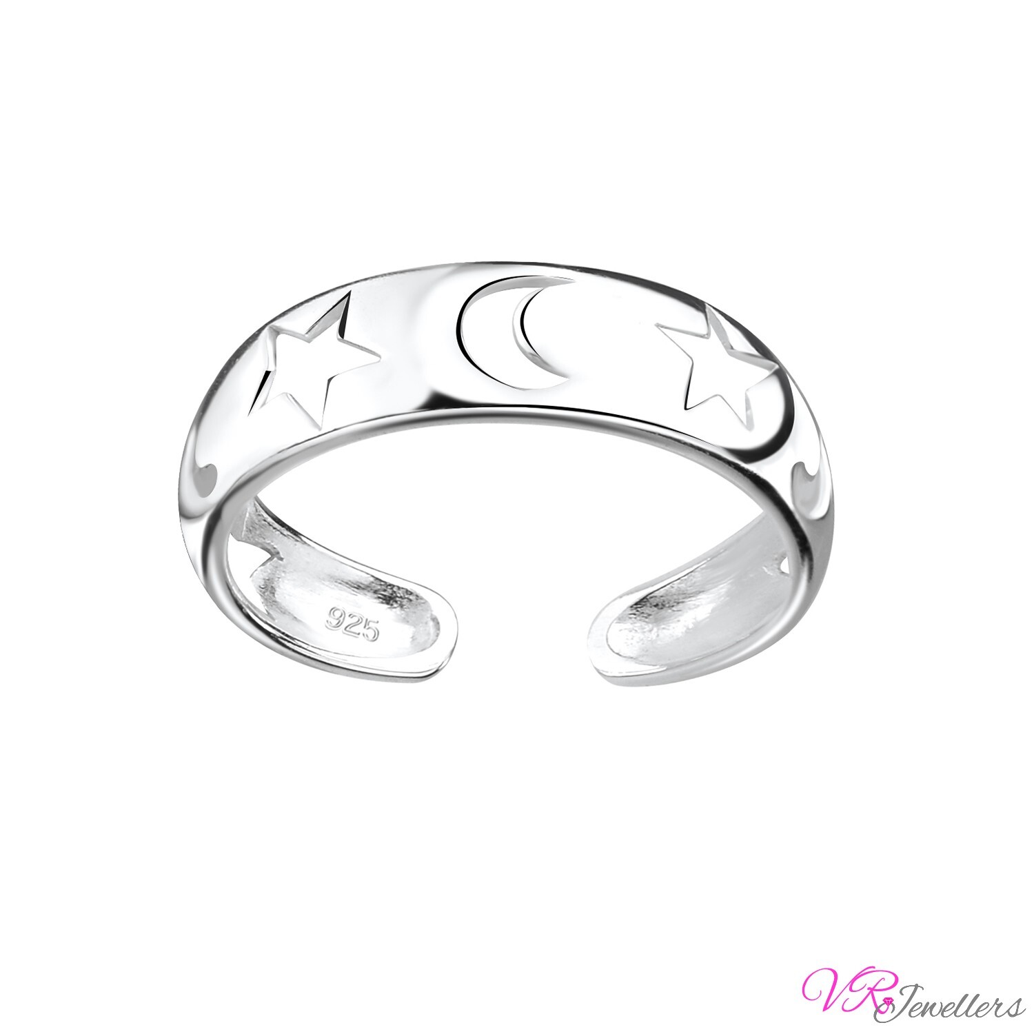925 Moon Star Toe Ring Solid Crescent Sterling Silver Band Adjustable Toe Ring