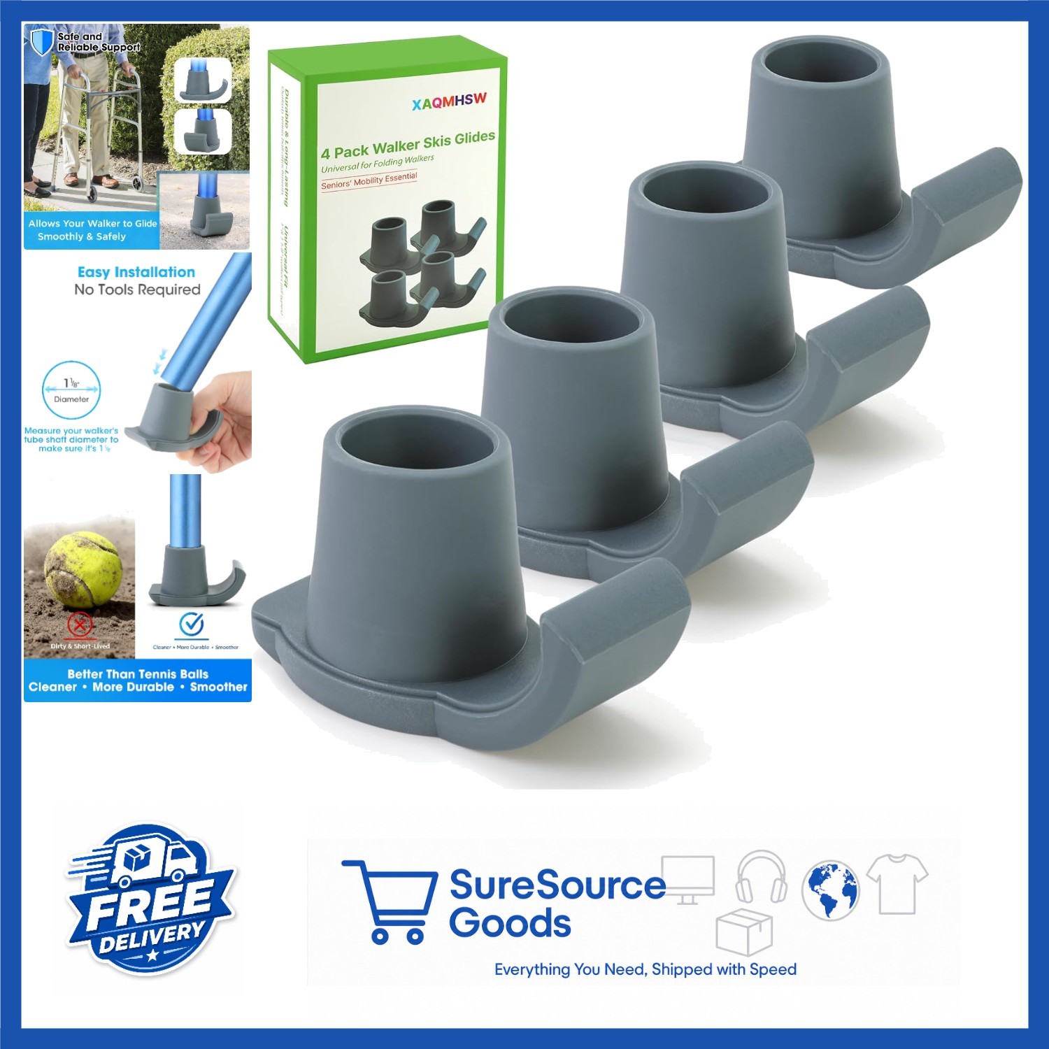 4 Pack Walker Glides for Folding Walkers Grey Plastic Sliders for All Surfaces