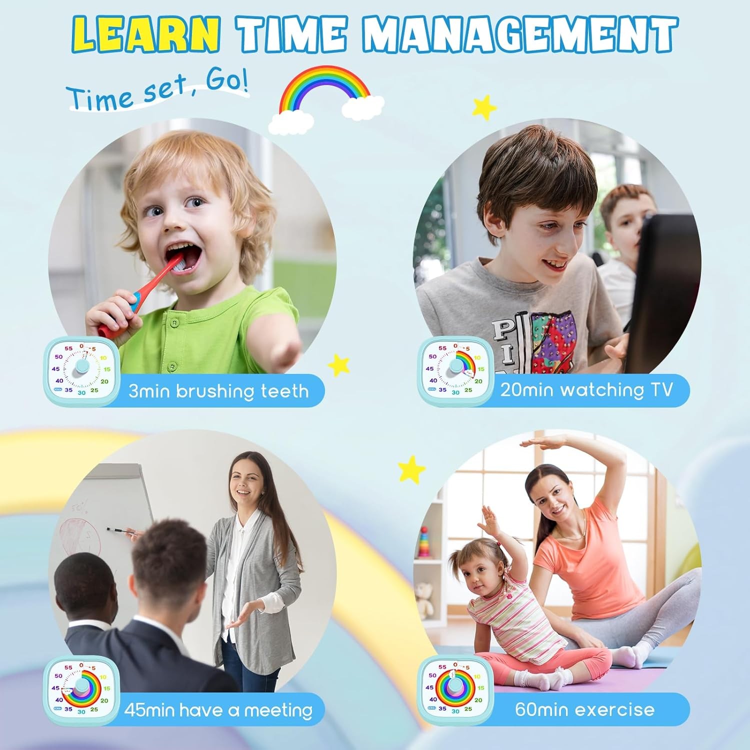 HIPPIH 60 Minute Visual Timer Kids Pomodoro Rainbow Clock Blue
