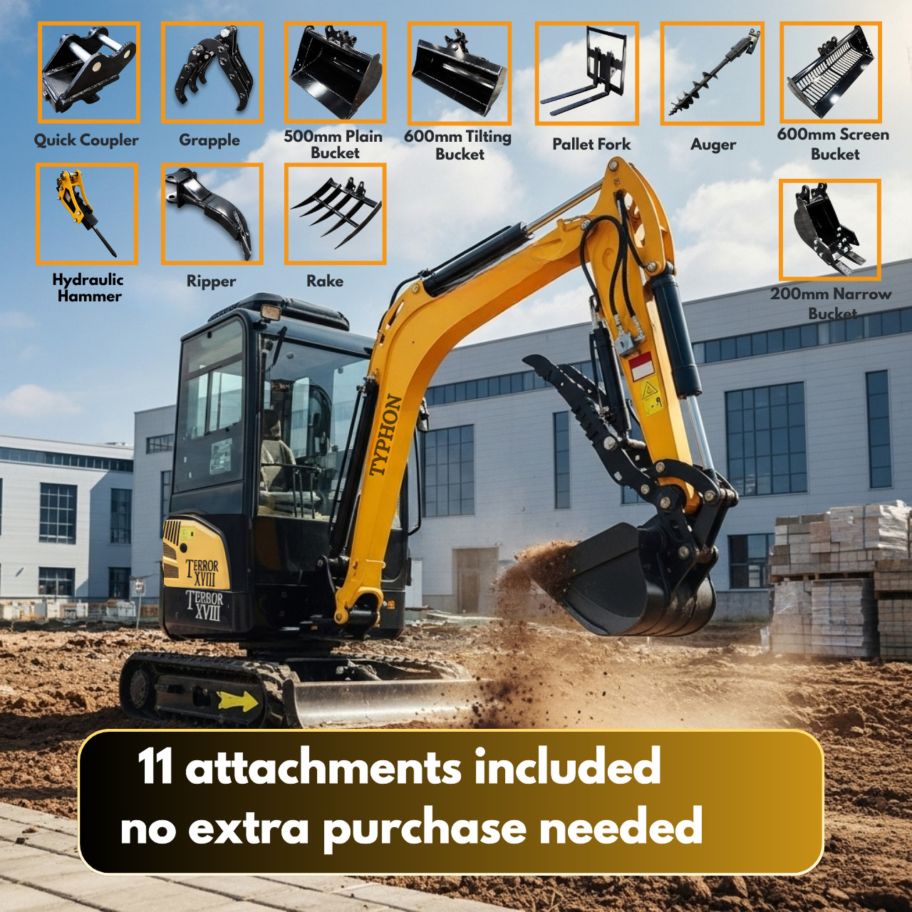 TYPHON TERROR XVIII Prestige 2 ton mini excavator Kubota D902 w 13 attachments