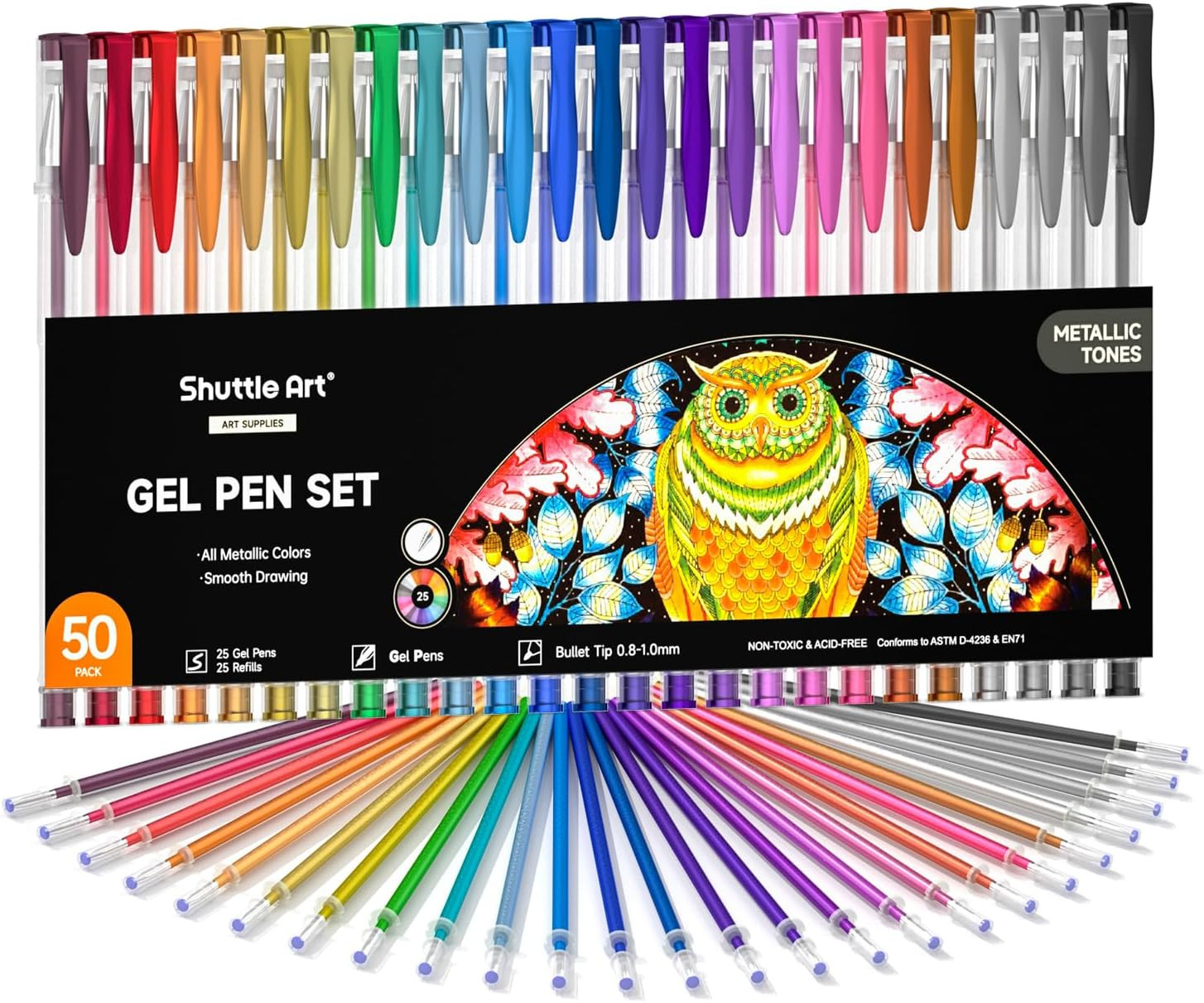 50 Pack Metallic Gel Pens Set with 25 Refills for Coloring, Doodling, and Drawin