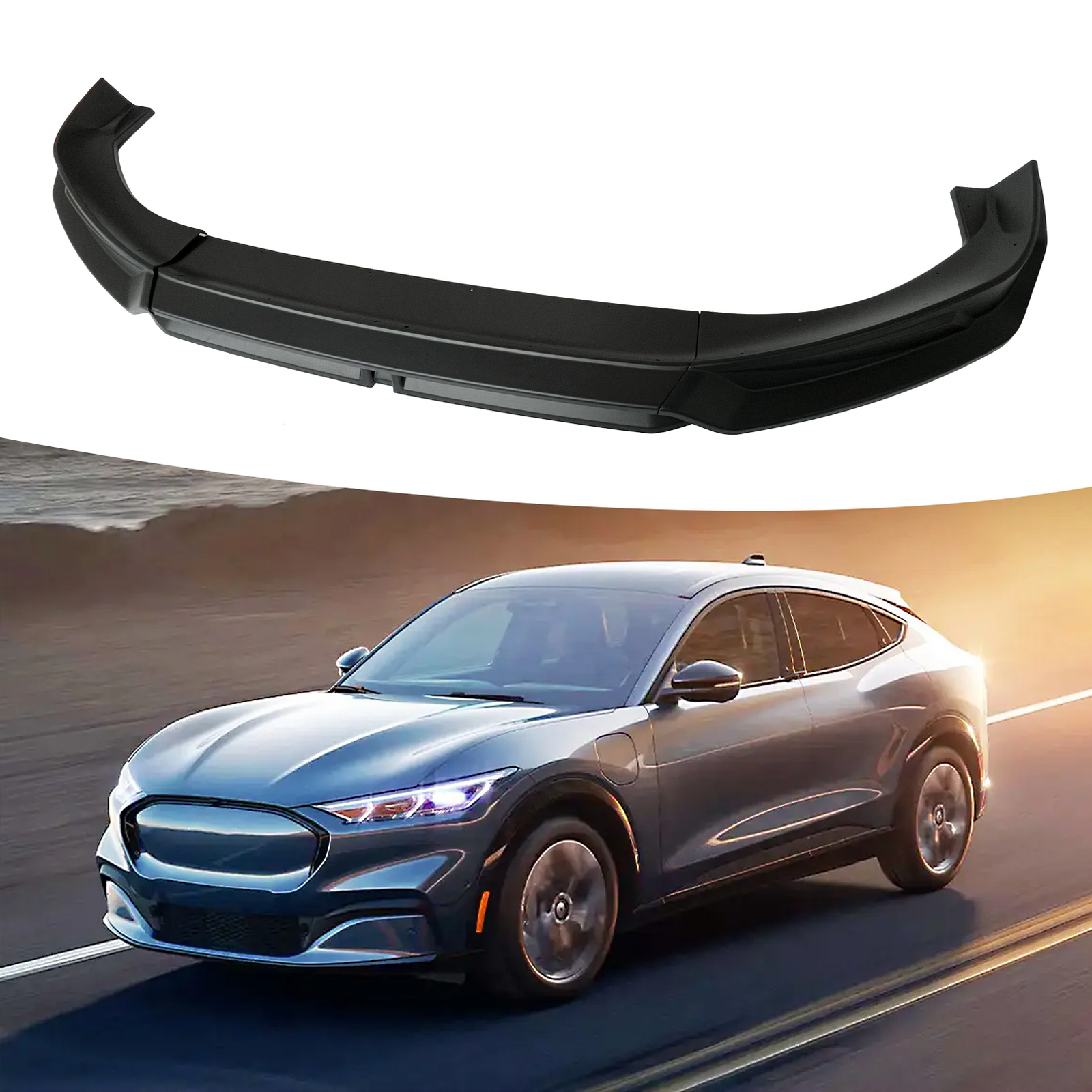 Four-Part Split Front Bumper Lip For Mustang Mach-E 2021 2022 (Matte Black)