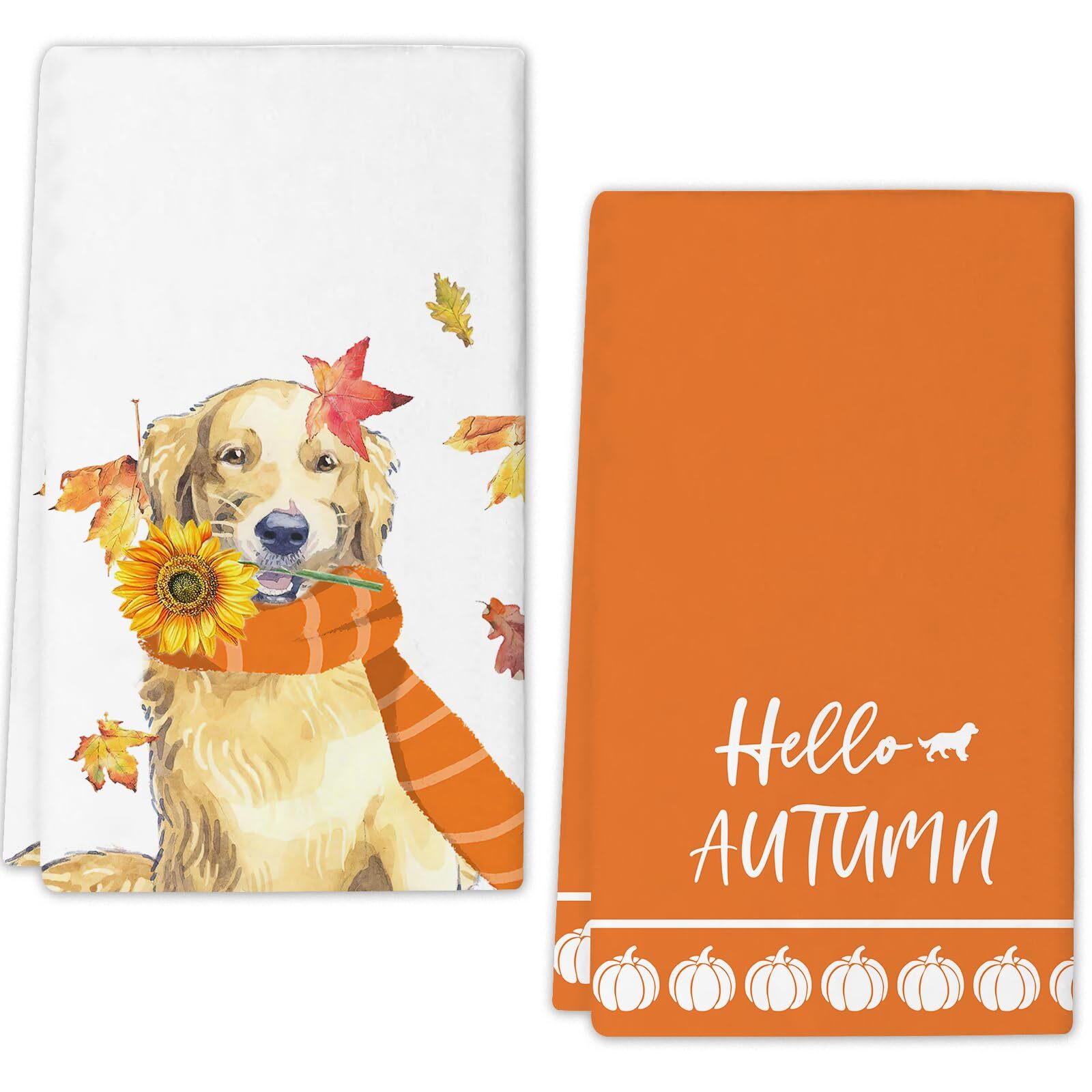 Golden Retrieverl Hello Autumn Kitchen Towels Dish Towels Set of 2 16x27 Inch...