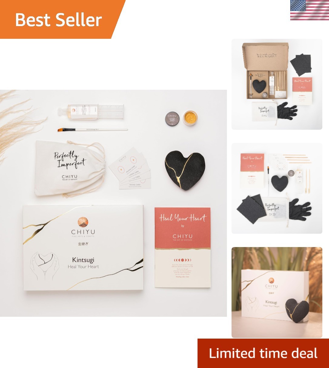 Kintsugi kit - Heal Your Heart - Gold Glue - Includes Ceramic Heart - Gift Bo...
