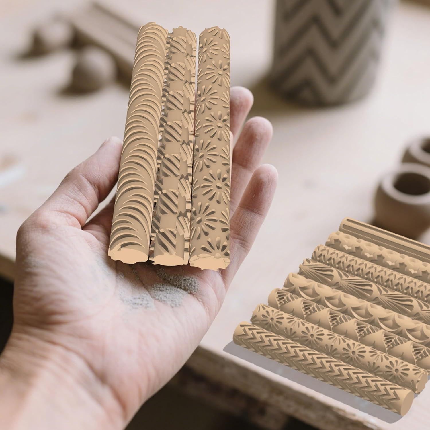 Clay Texture Rollers | 10-Pack Polymer Clay Texture Roller Set for Pottery & Cra