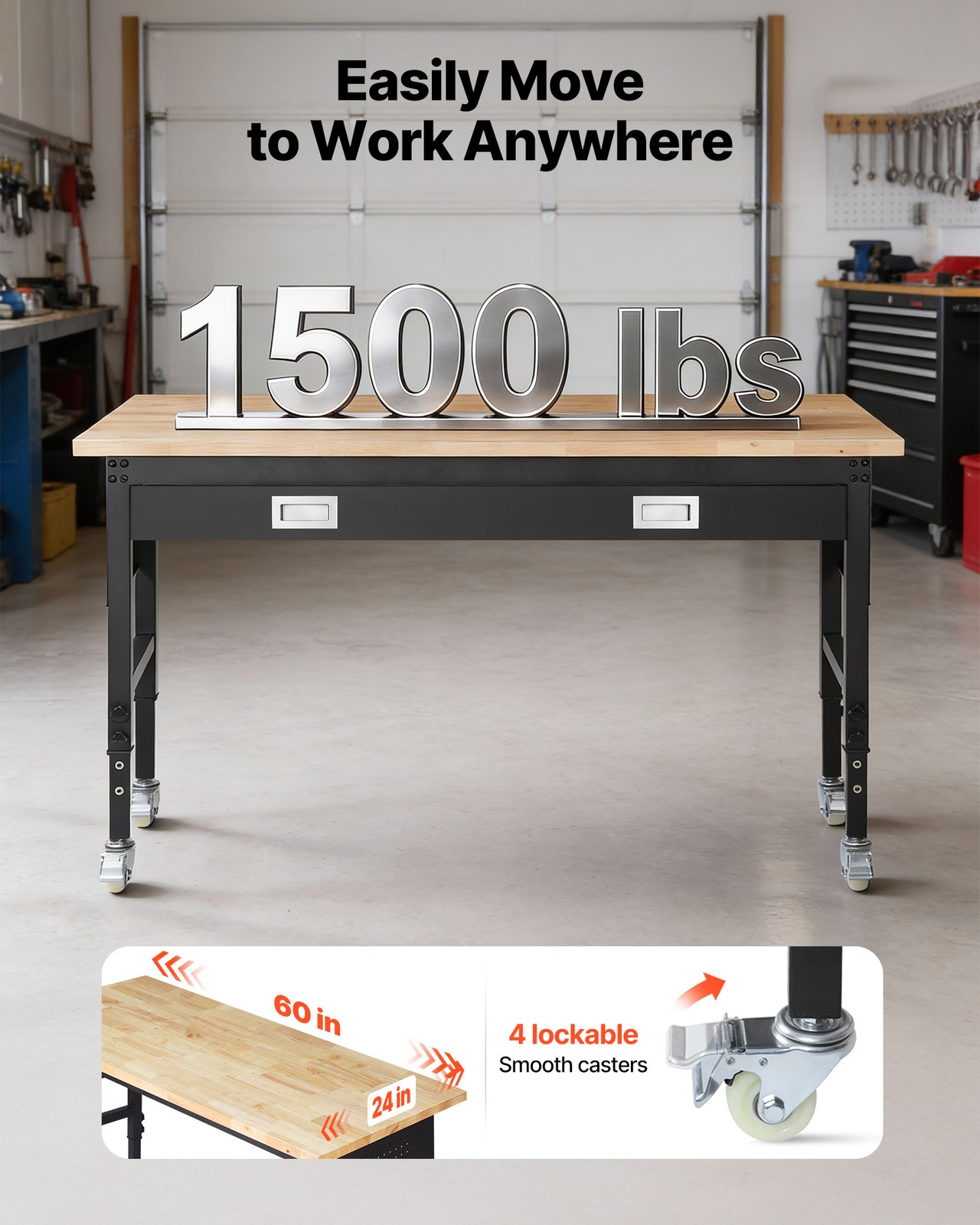 VEVOR 60-inch Adjustable Workbench Wood Work Table with Power Outlet & Drawer