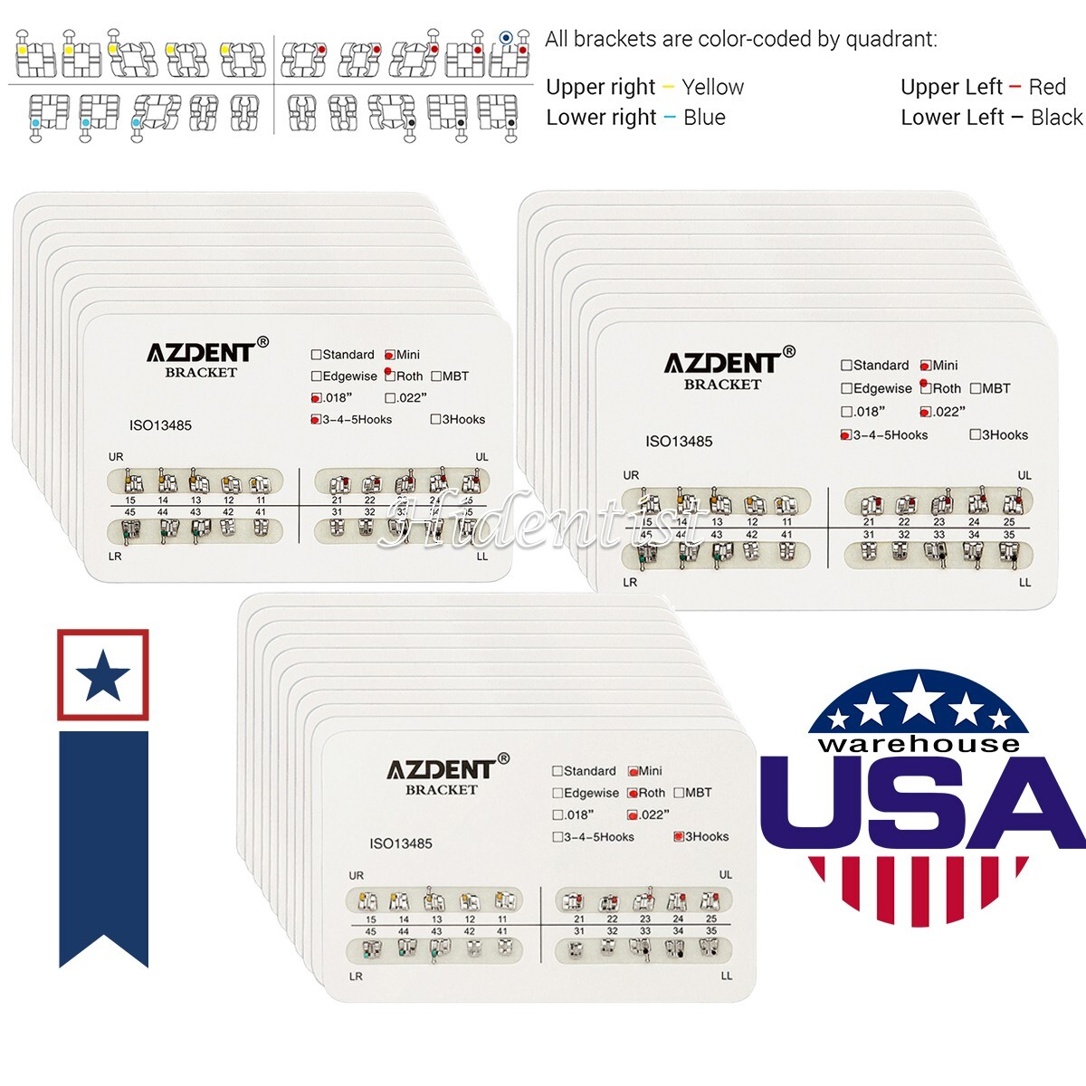 US Dental Metal Orthodontic Bracket Braces Mini Roth 022 018 Hooks 345 /Hooks 3