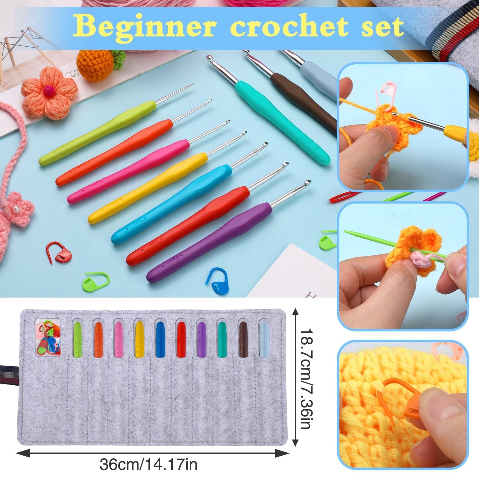 Crochet Hooks Set, 10 Sizes Ergonomic Crochet Hooks with Roll Felt Bag for Be...