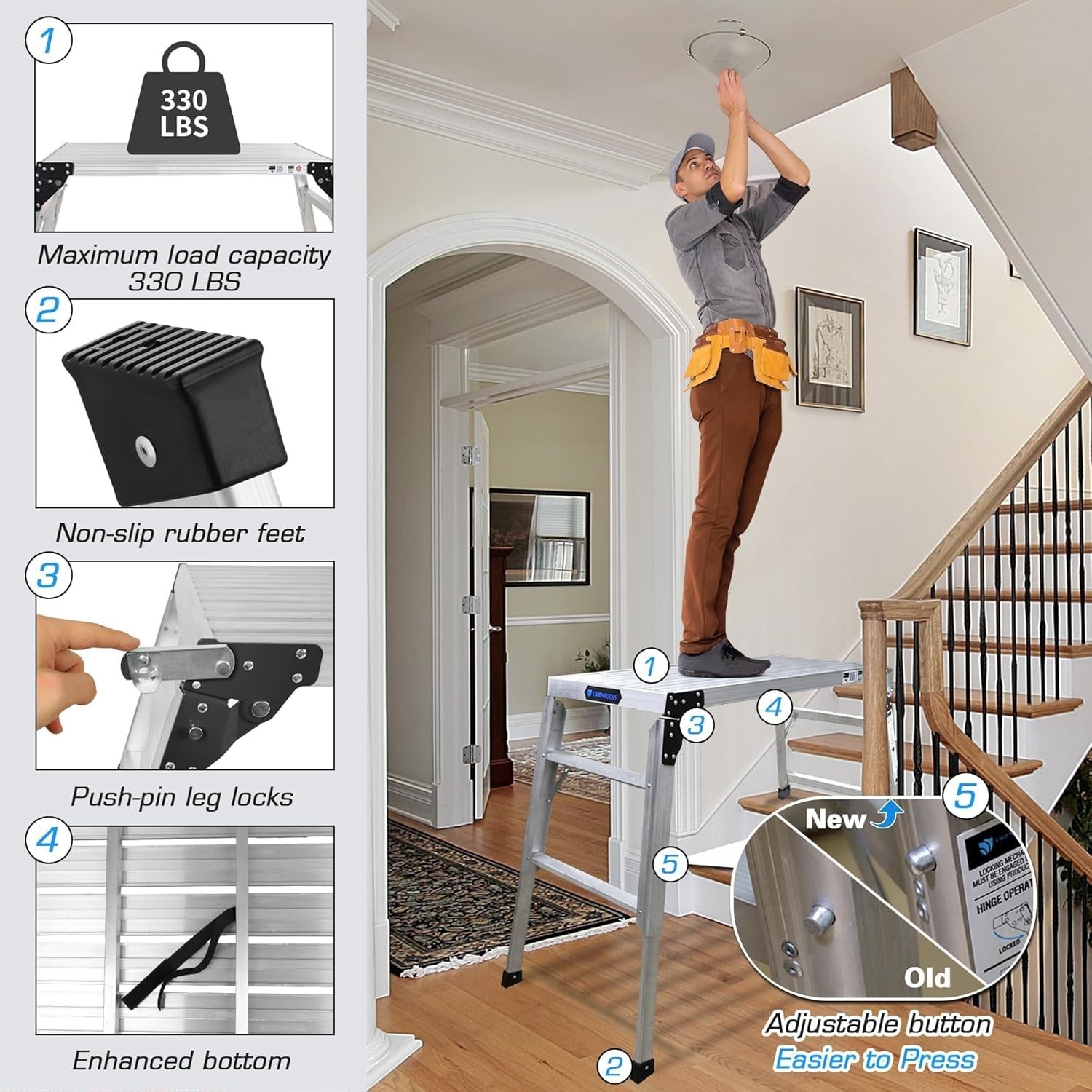 Adjustable Work Platform 39.4x18.5" Portable Folding AL Step Ladder Scaffolding