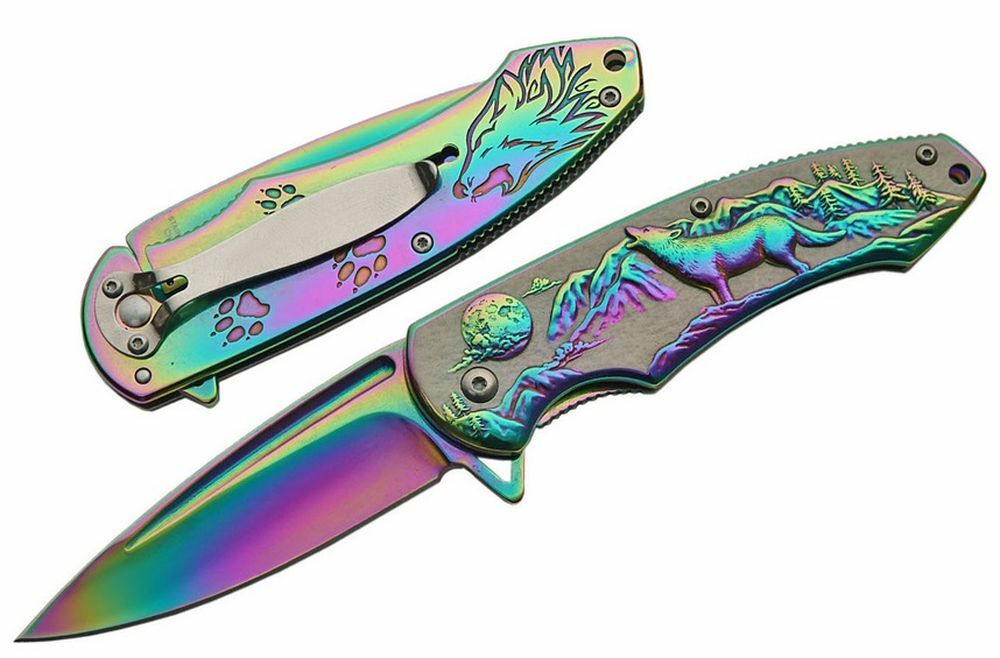 SPRING-ASSIST FOLDING POCKET KNIFE | Rainbow Blade Howling Wolf Tactical Hunter