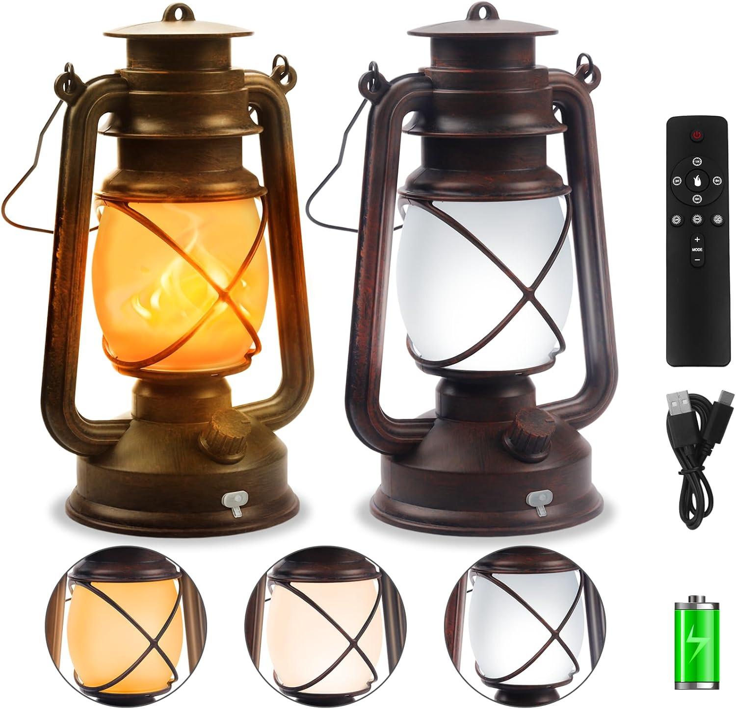 2 Pack Bronze Vintage 4 Modes Rechargeable Lanterns with Remote Control | Waterp