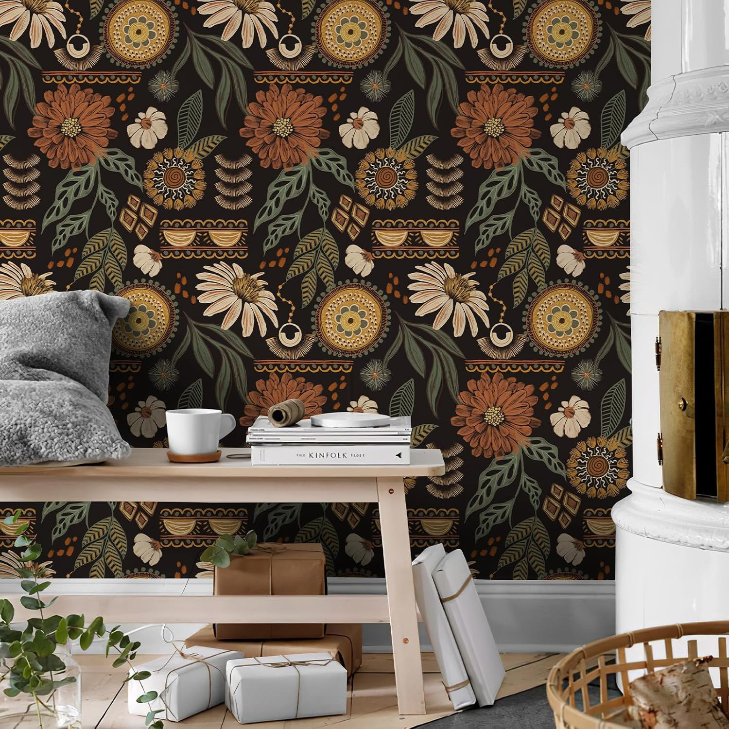 Simon&Siff Boho Wallpaper Peel and Stick, 17.3'' x 80" Sun Floral Retro Removabl