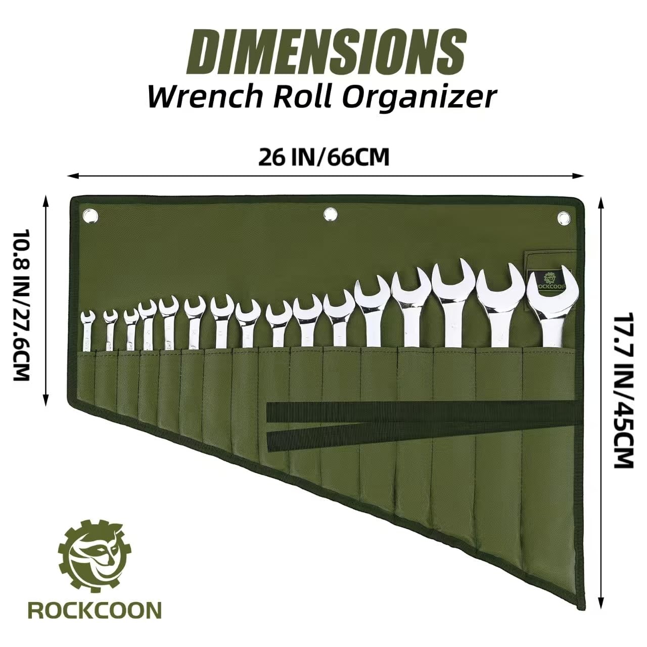 ROCKCOON Wrench Roll Organizer 16 Pockets, Small to Medium, Green