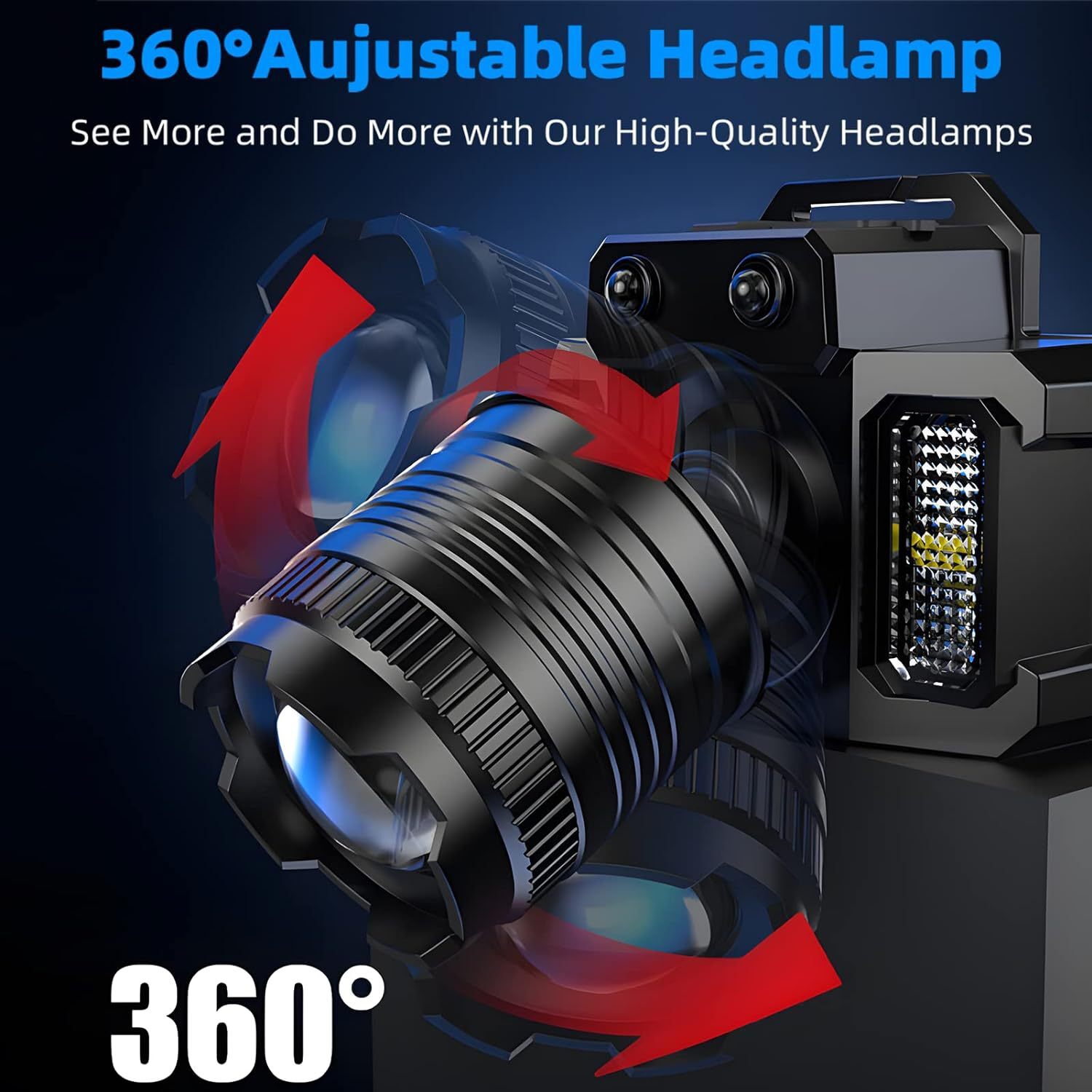 900,000 Lumen LED Headlamp - Rechargeable, Zoomable, Multi-Function Torch Light