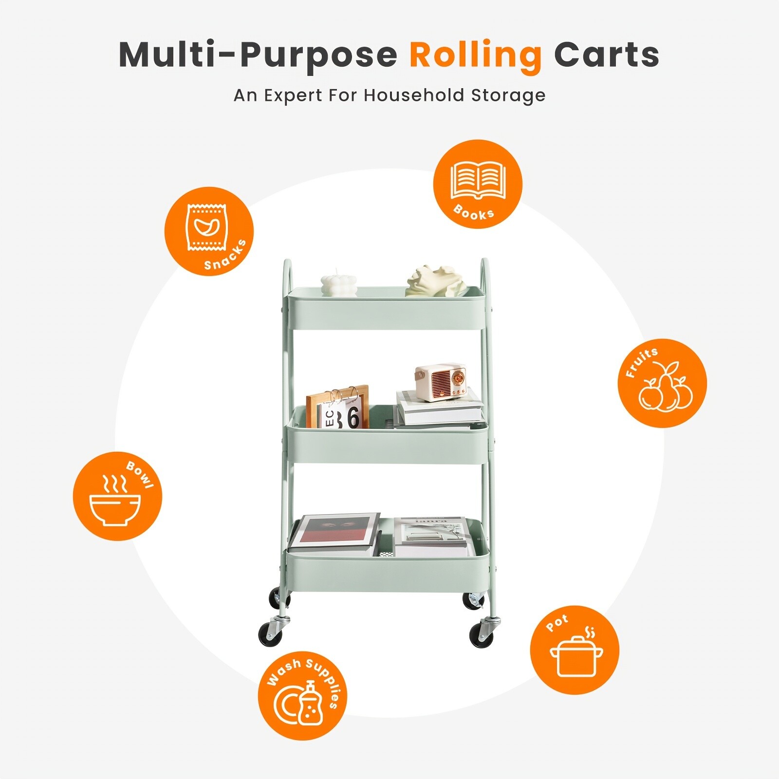 3-Tier Rolling Kitchen Cart, Metal Frame with Plastic Wheels, Space-Saving