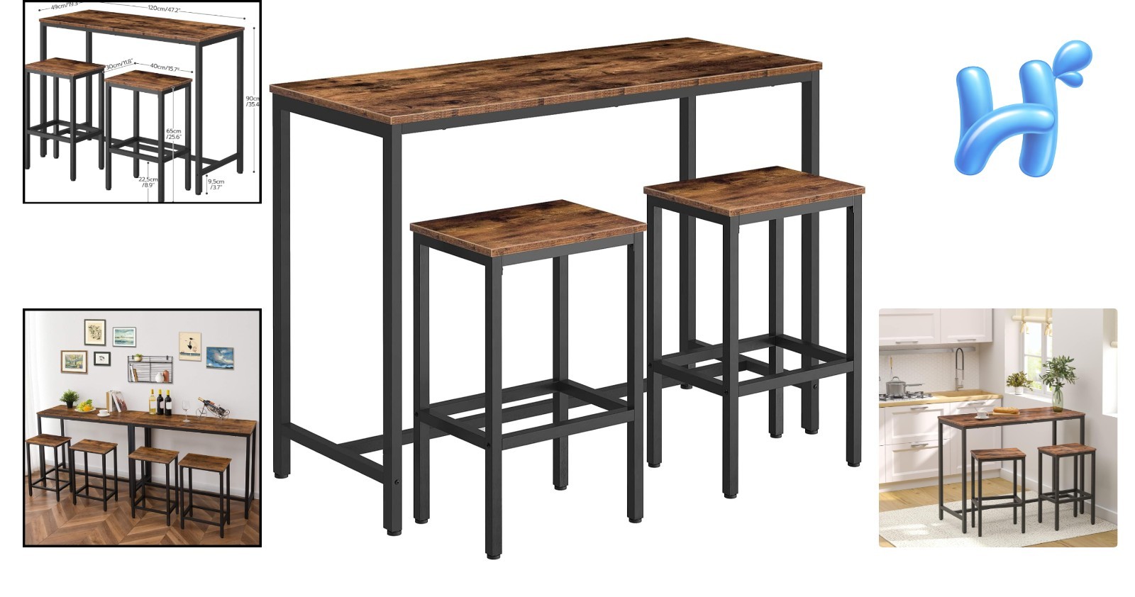 Table Chairs Set 47.2 Inch Rectangular Pub Steel Frame Rustic Brown