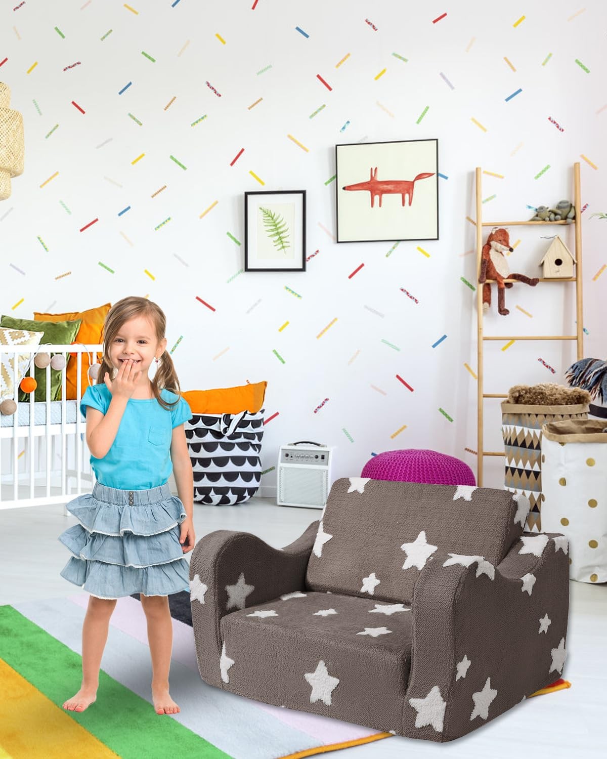 Couch, Couch for Fold Out, 2-in-1 Convertible Kid Sofa to Lounger Bed for Gir...