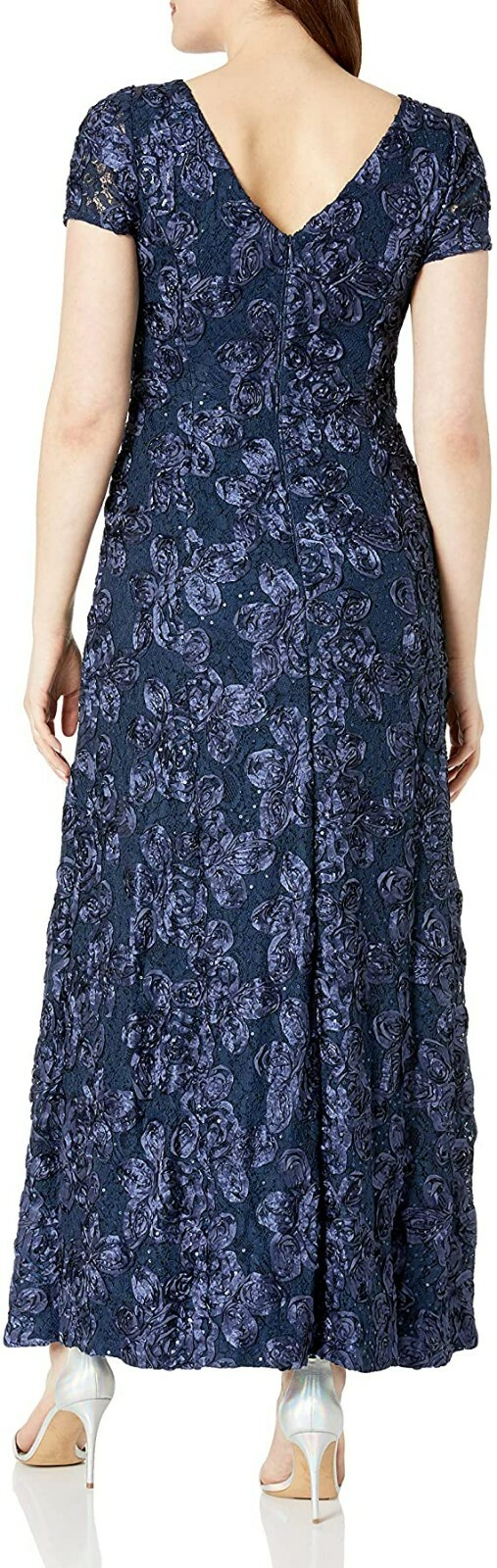 NWT Alex Evenings Short Sleeve Lace Sequin Rosette A-Line Gown Navy Dress Sz 14W