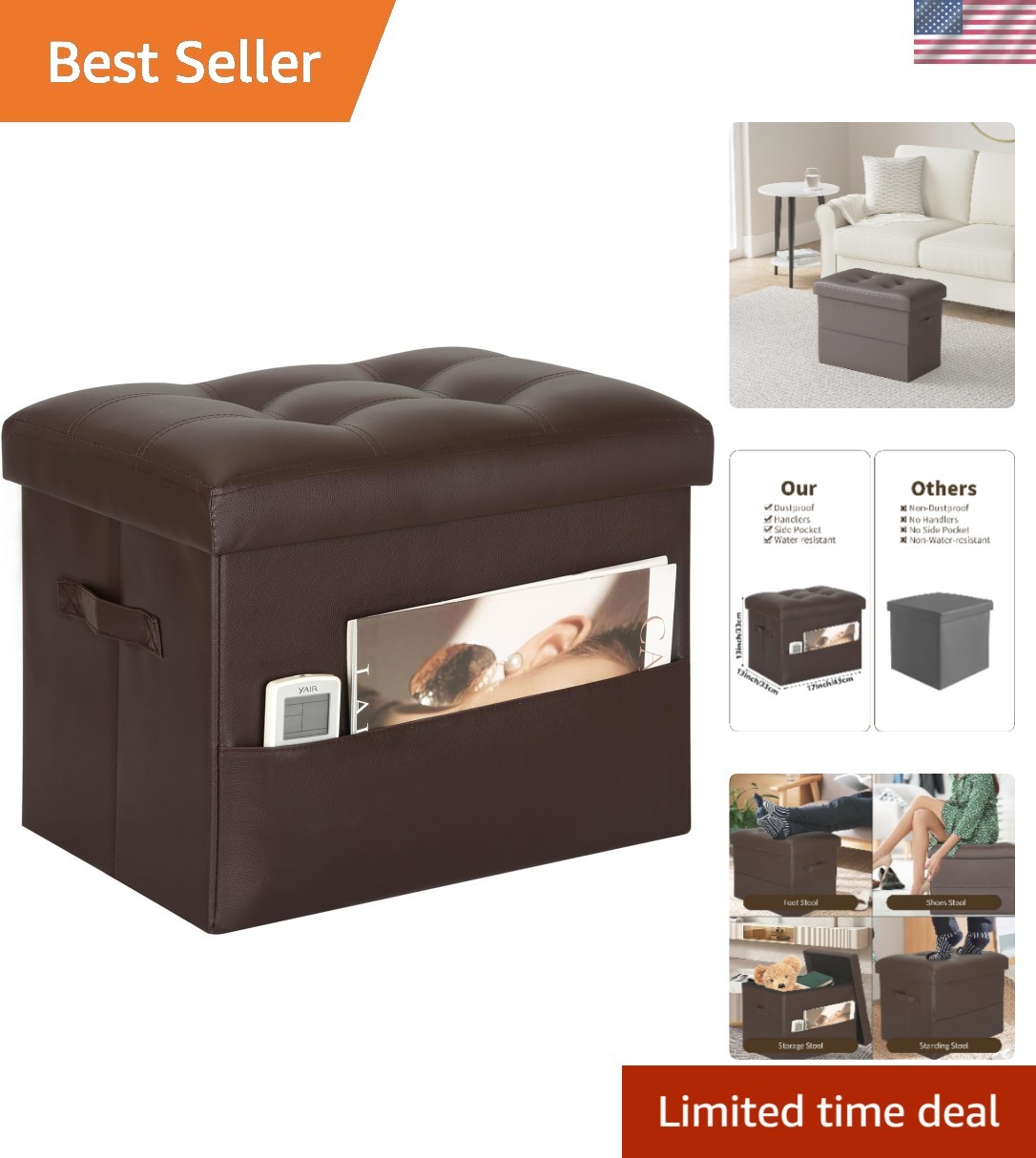 Luxury Foldable Foot Rest with Side Pockets - Perfect for Living Room & Bedroom