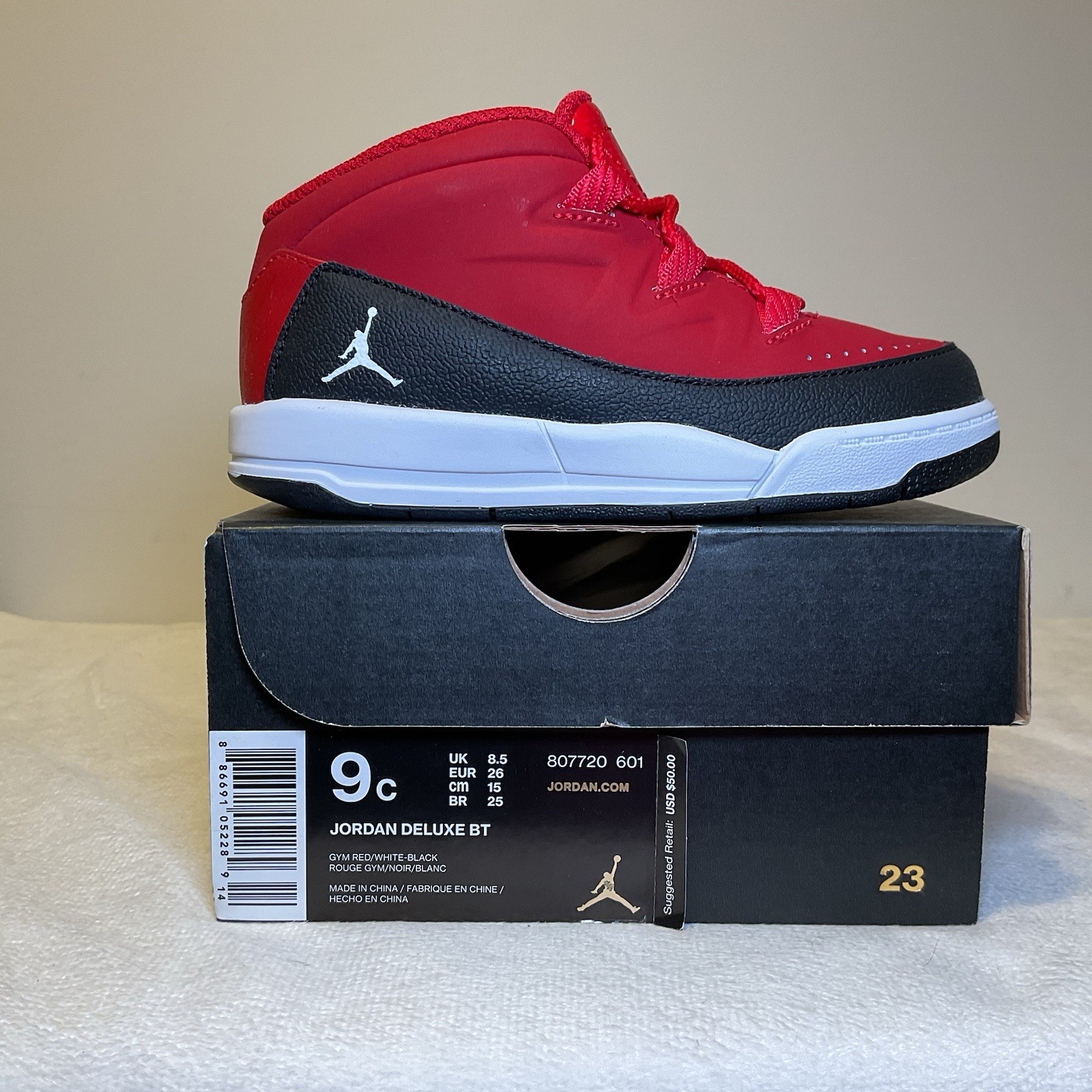 TD Nike Jordan Deluxe 807720-601 Gym Red White Black NEW Toddler Size 9c