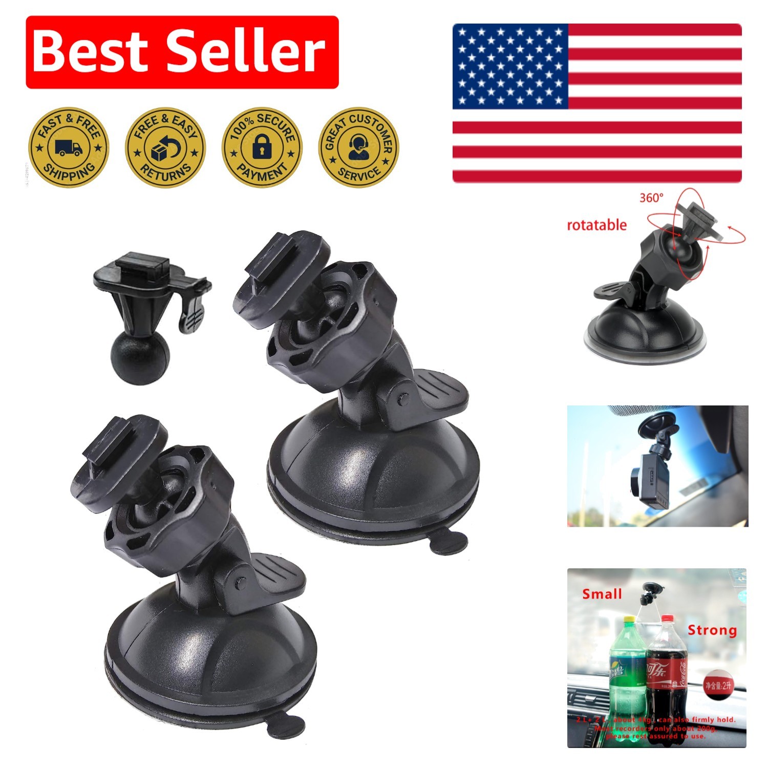 2-Pack Adjustable Suction Cup Mount for Yi Dash Cam & More - Ultimate Security