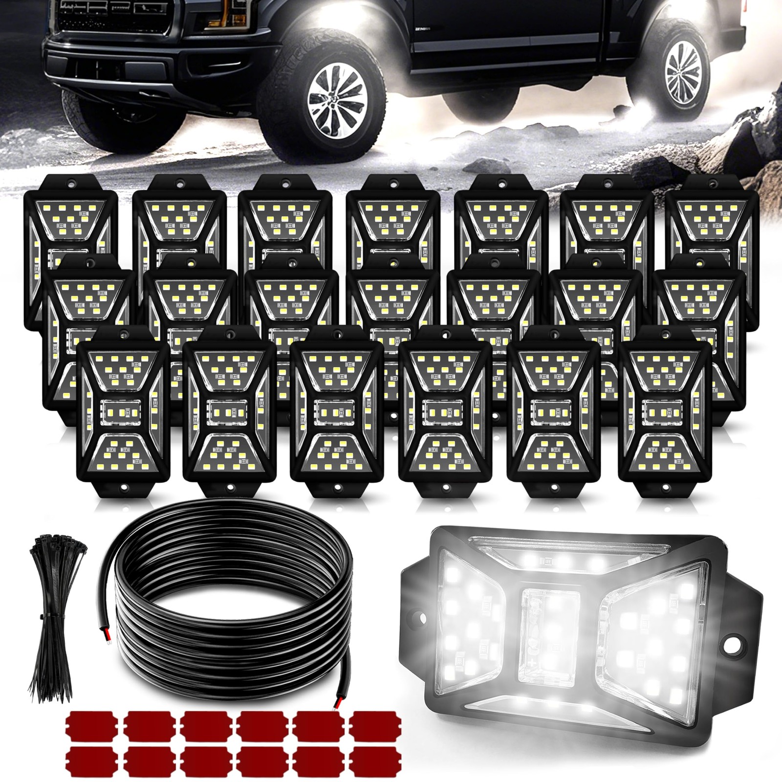 20 Pods 540 LEDs White Rock Lights with 32.8FT Extension Wire, 6000K Super Br...