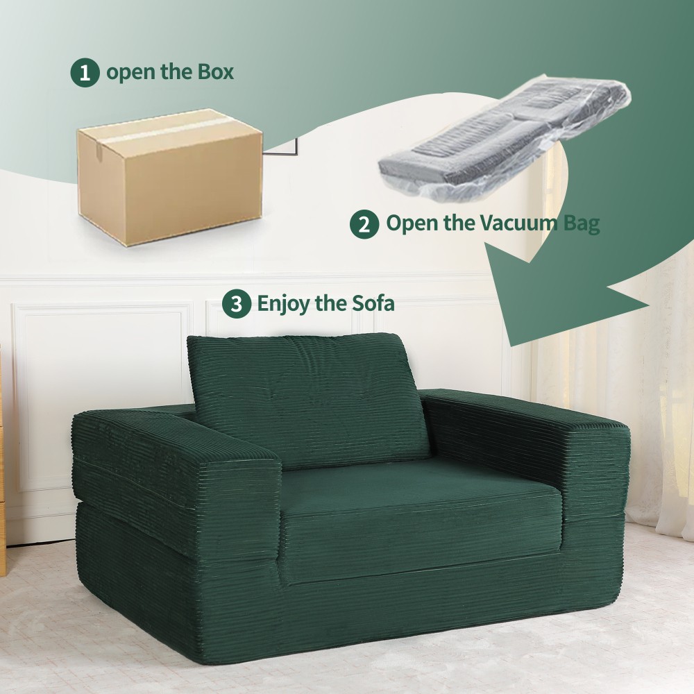 Corduroy Floor Sofa Bed w/ Pillow for Adults & Pets, Dark Green
