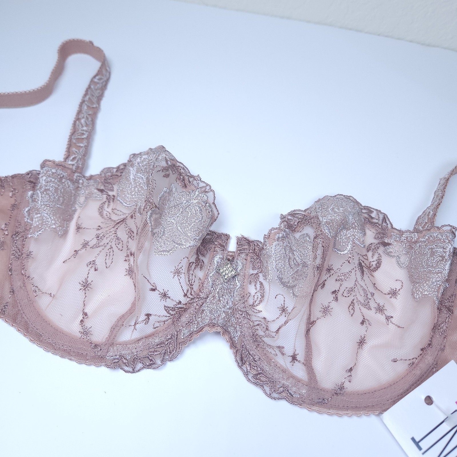 32DD beige sheer lace bra unlined balconette bra luxury bras European lingerie