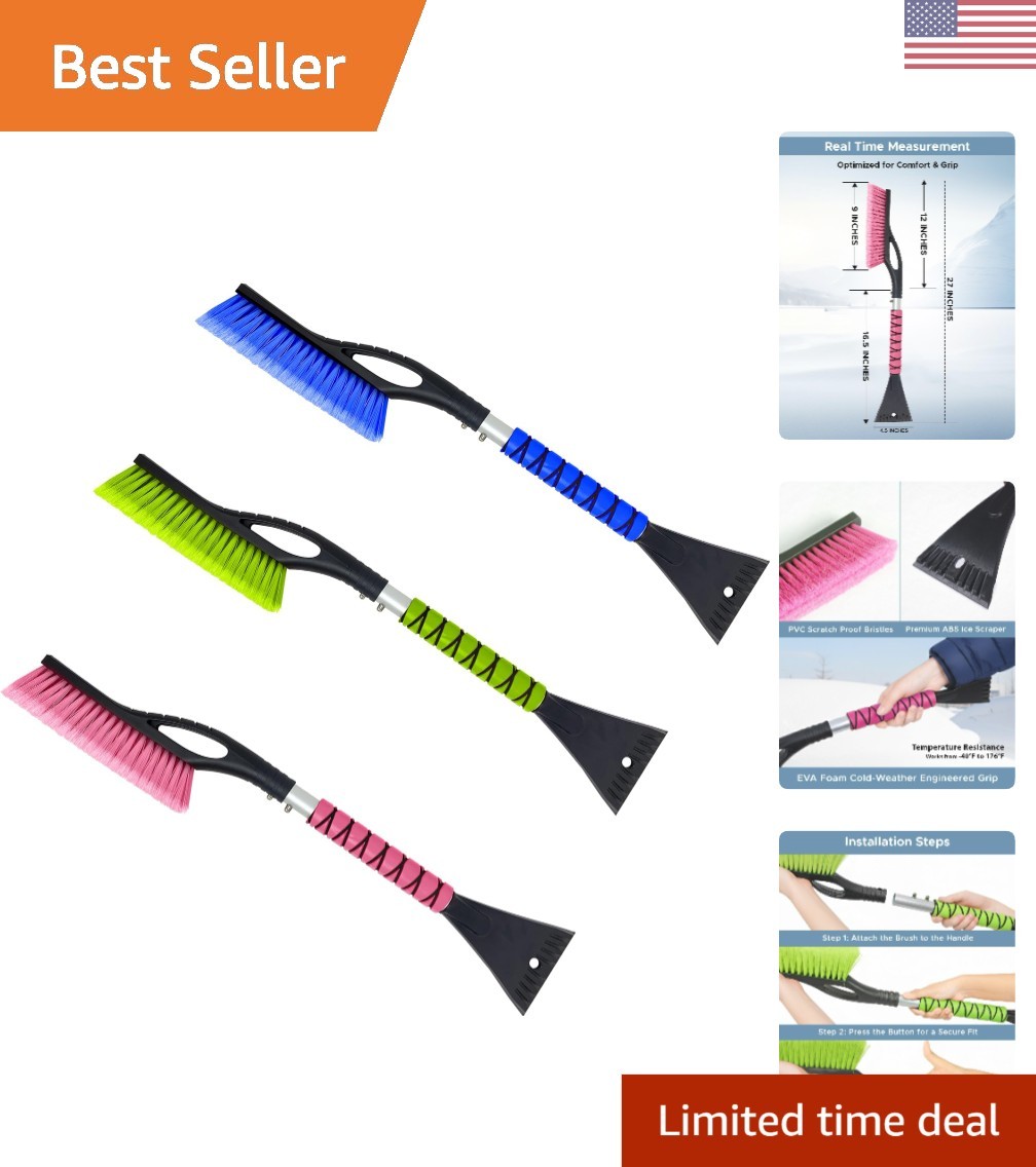 Ergonomic 27" Snow Brush & Heavy-Duty Ice Scraper 3-Pack for Winter Safety
