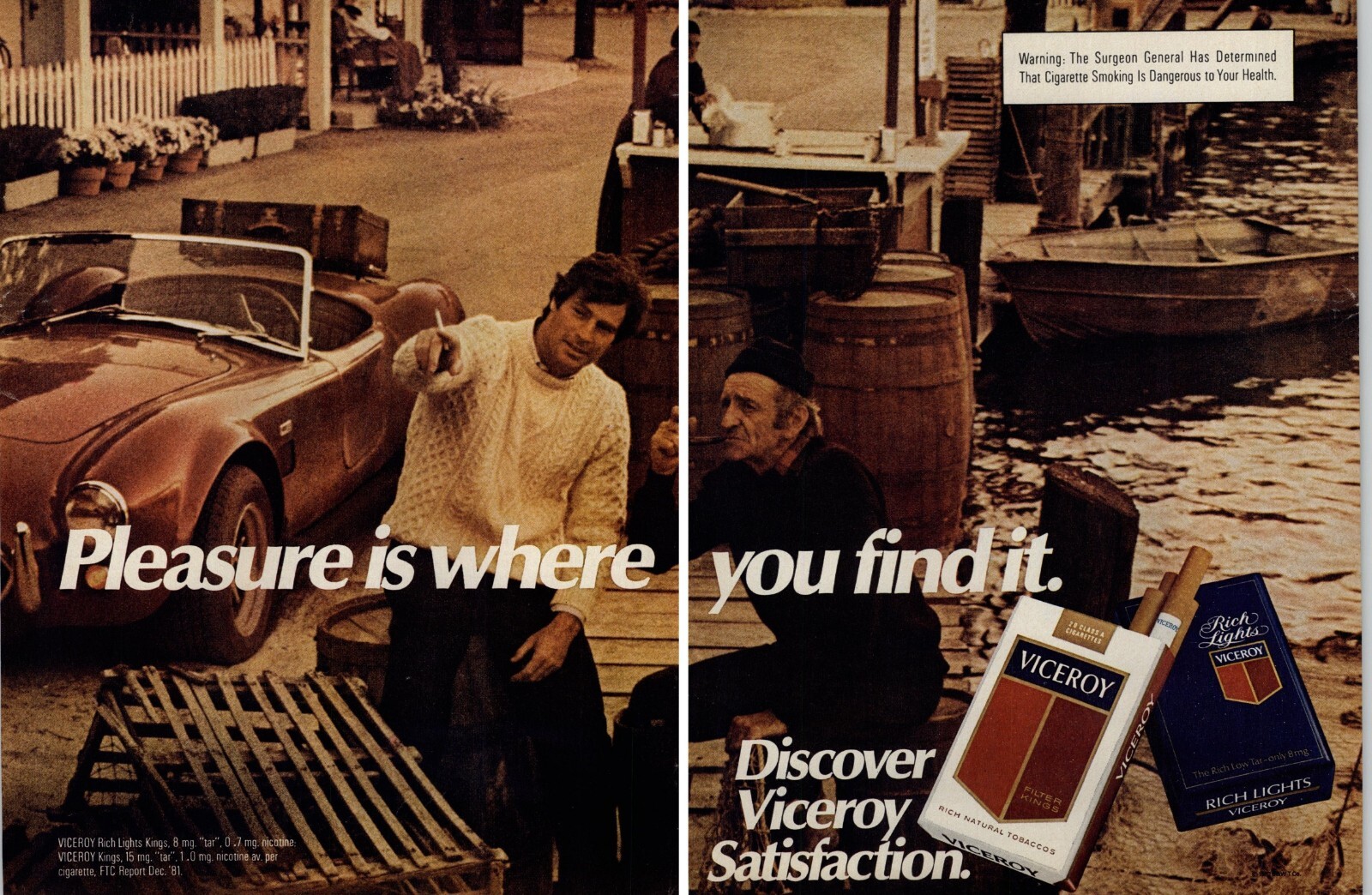 1981 Viceroy Cigarettes Vintage Print Ad Smoking Man Convertible On Boat Dock