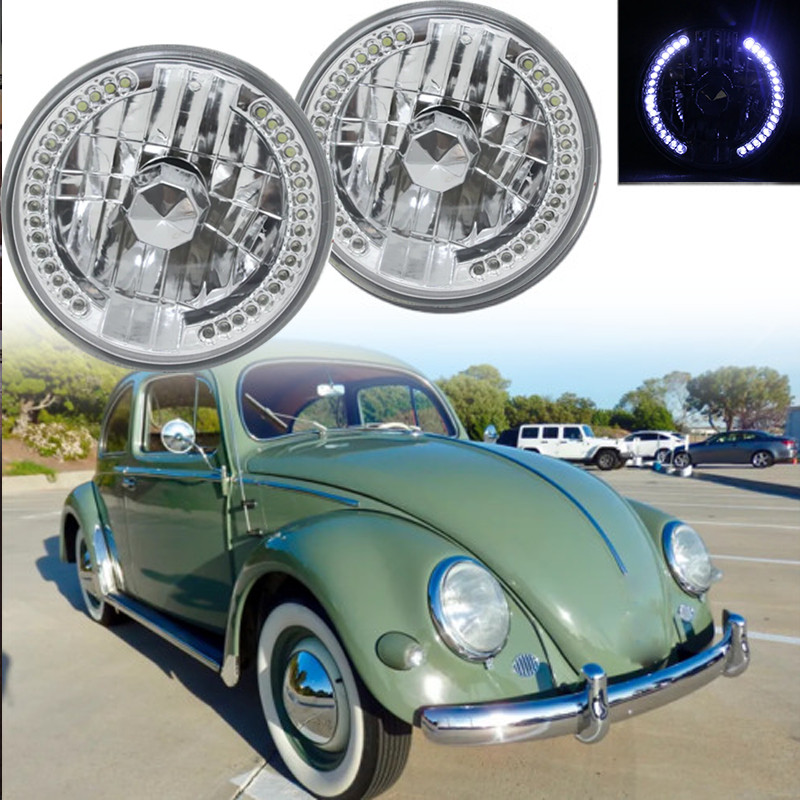 Pair 7" Inch Round Chrome Housing LED Headlights Halo for VW Beetle 1950-1979
