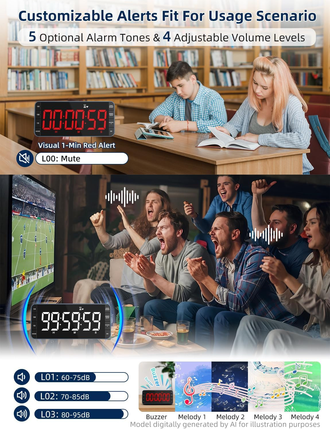 Large 7.8" Digital Timer with LED Display, Magnetic for Kitchen & Classroom | US