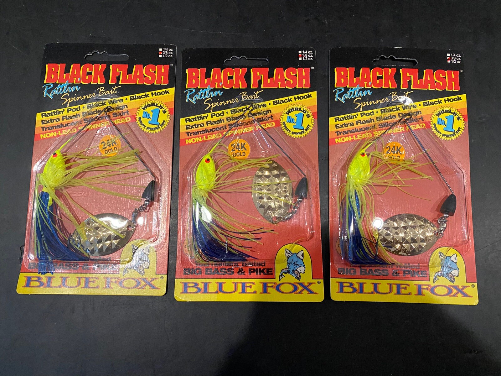 Blue Fox Black Flash Rattling Spinner Bait 3/8oz  Chart Blue Lot Of 3