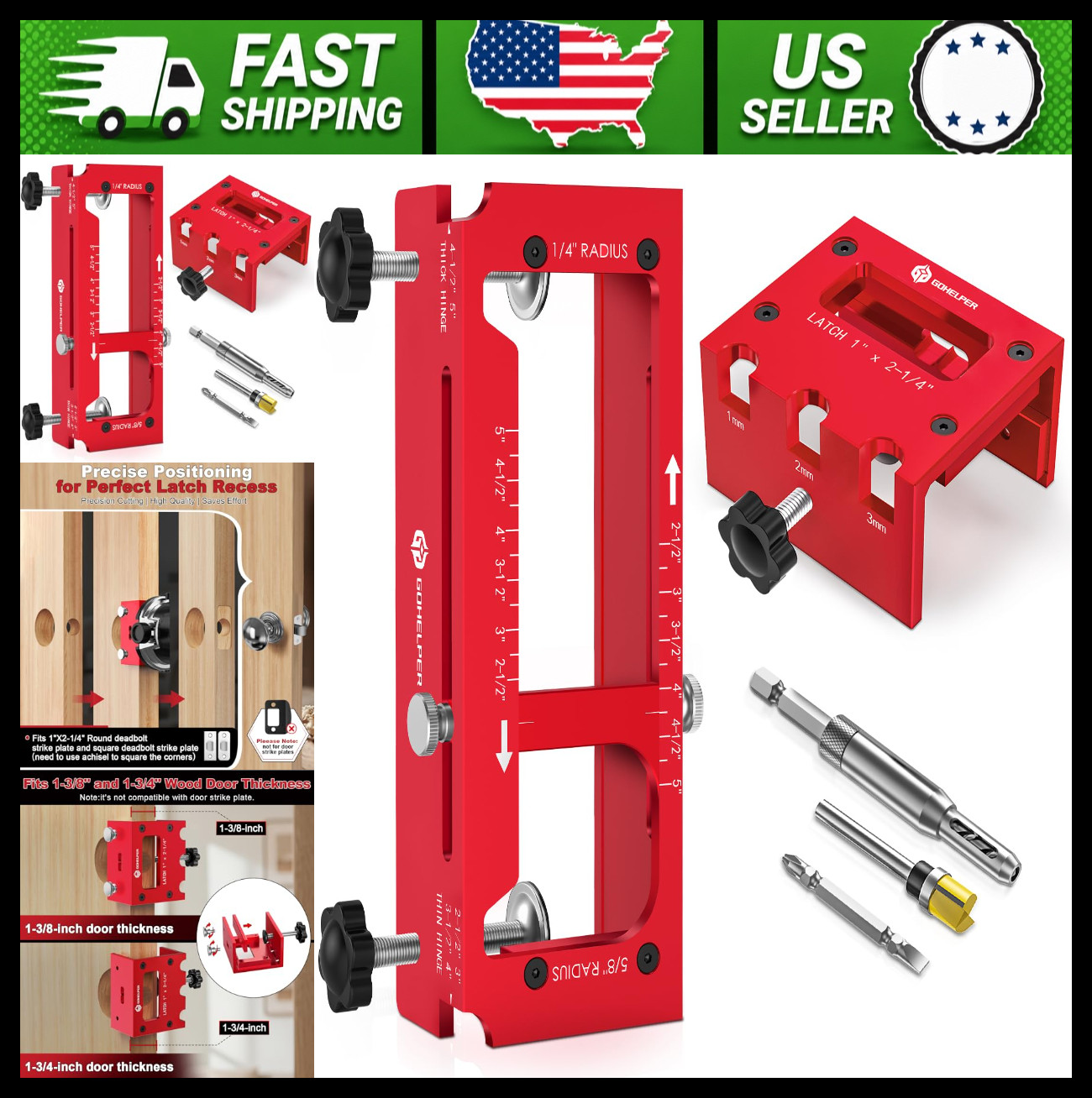 Door Hinge Jig and Latch Mortise Router Template Kit for Wooden Doors