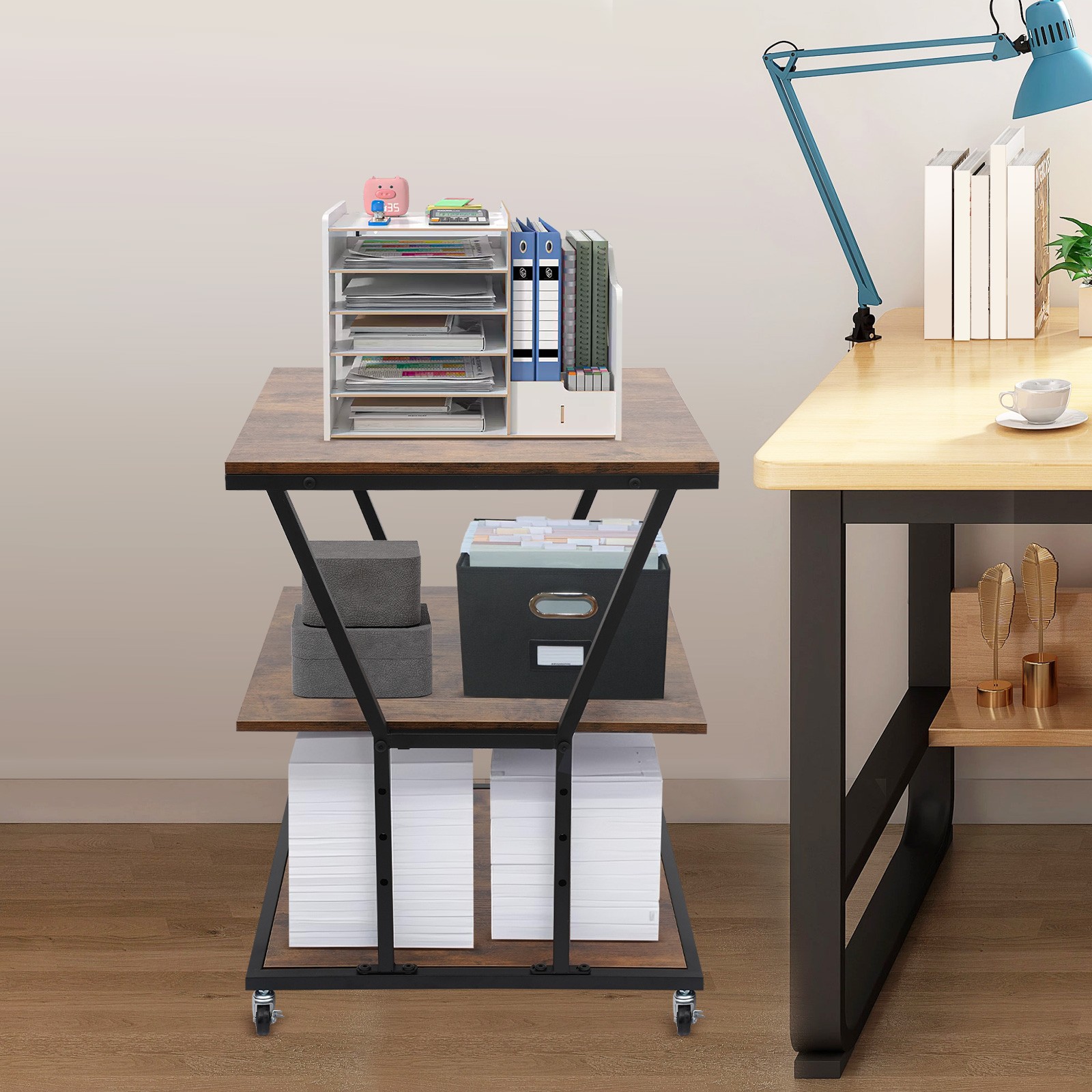 3-Tier Printer Stand with Adjustable Shelves & Wheels for Home/Office