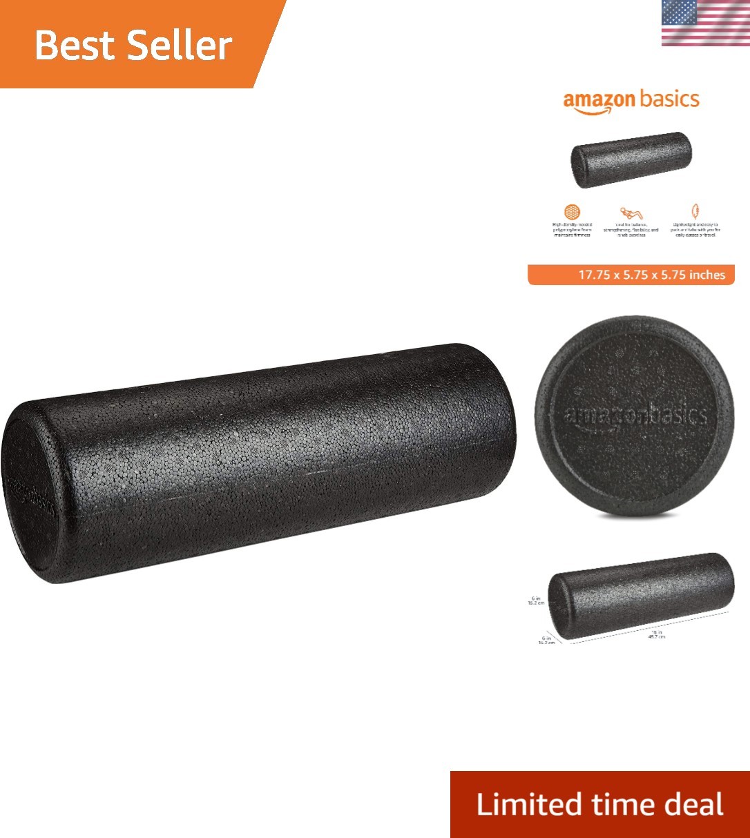 High-Density Foam Roller for Exercise and Recovery, 18 Inches, Black