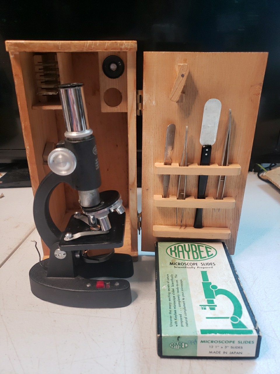 Vintage Kaybee Microscope W/ Tools and a Box Of Slides In Wooden BOX  Needs Work