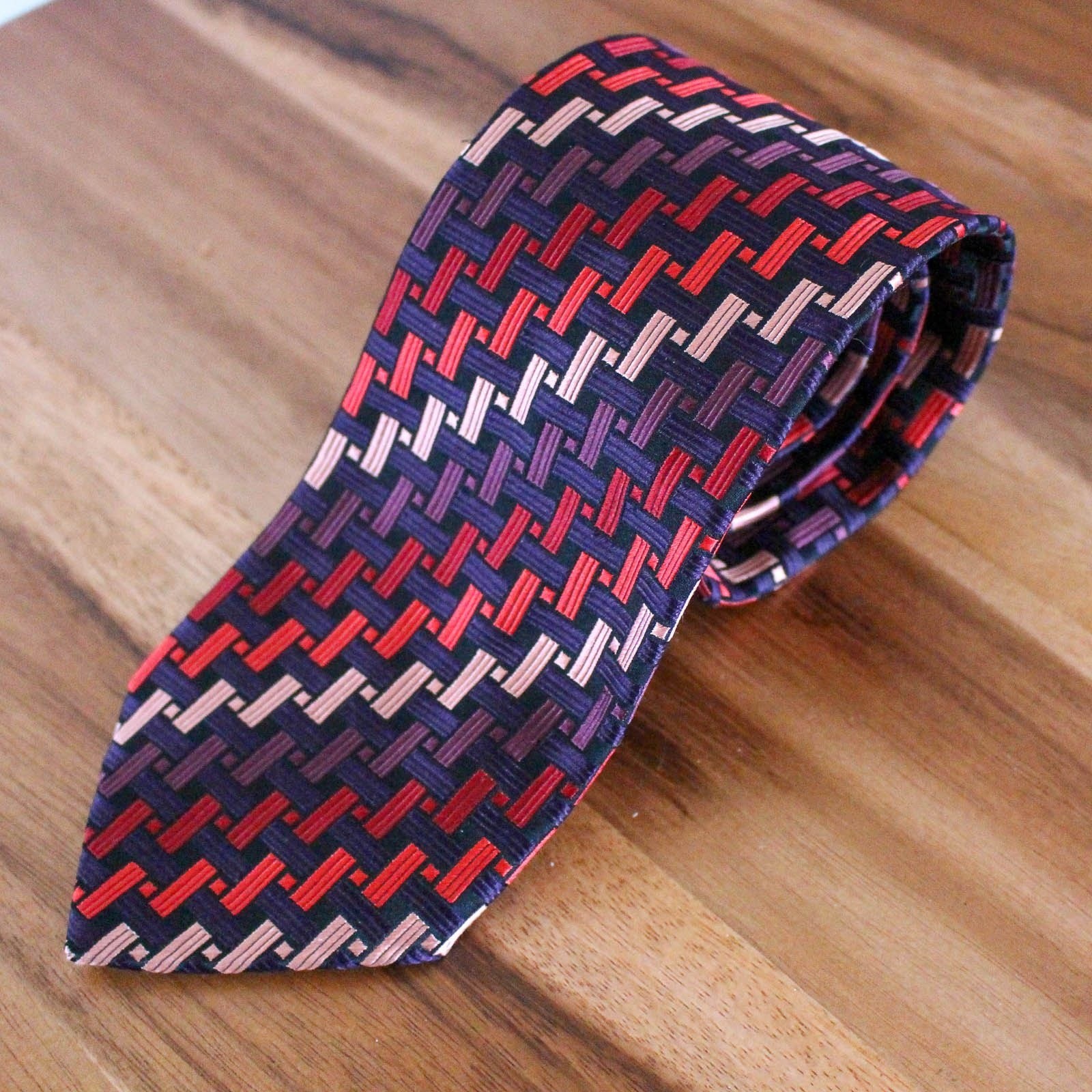 Frangi Silk Tie Red Purple Pink Basket Weave Pattern Made in Italy 58"