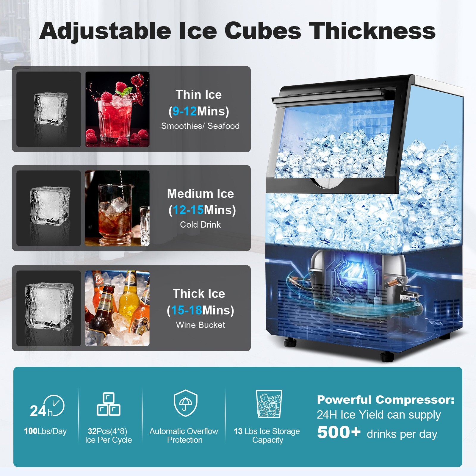 Built-in Commercial Ice Maker 100lbs Bar Restaurant Cube Machine