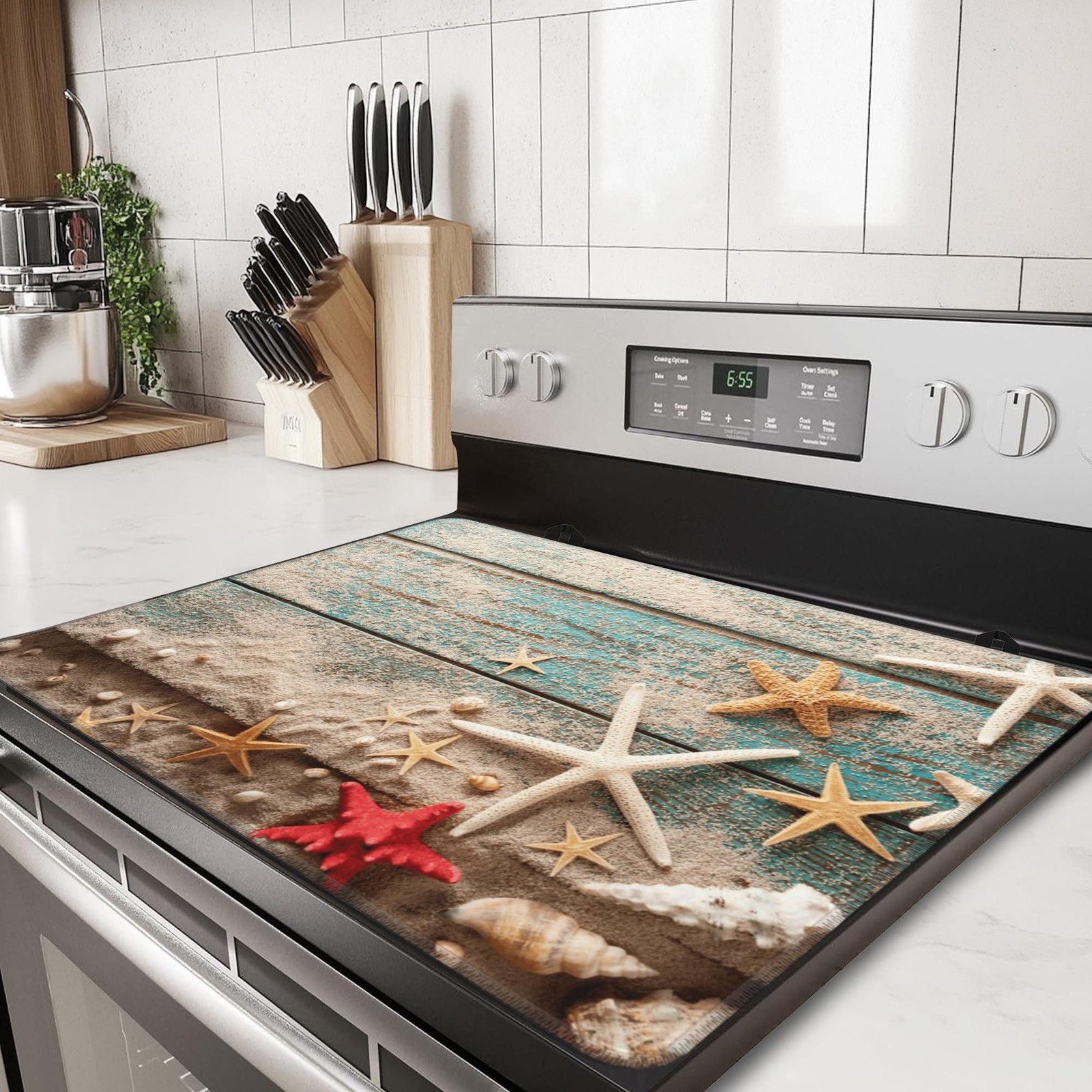 Beach Seashell Starfish Stove Top Covers for Electric Stove,Blue Wooden Glass...