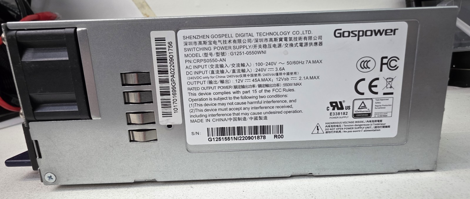 Gospower 550W Platinum CRPS Hot-Swap Server PSU G1251-0550WNI CRPS0550-AN