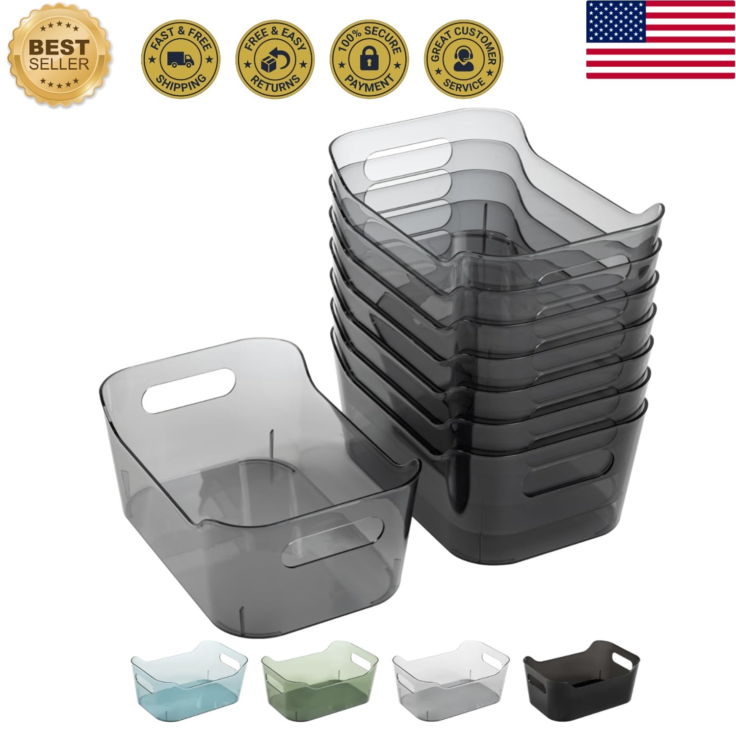 Elegant Clear Gray Storage Bins Set of 8 - Perfect for Pantry, Bathroom, & More